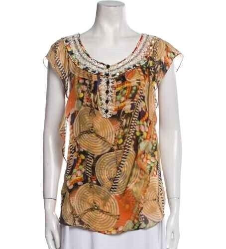 Vintage Diane Von Furstenberg DVF Blouse/Top 100% silk Beaded Tribal Print 0 XS