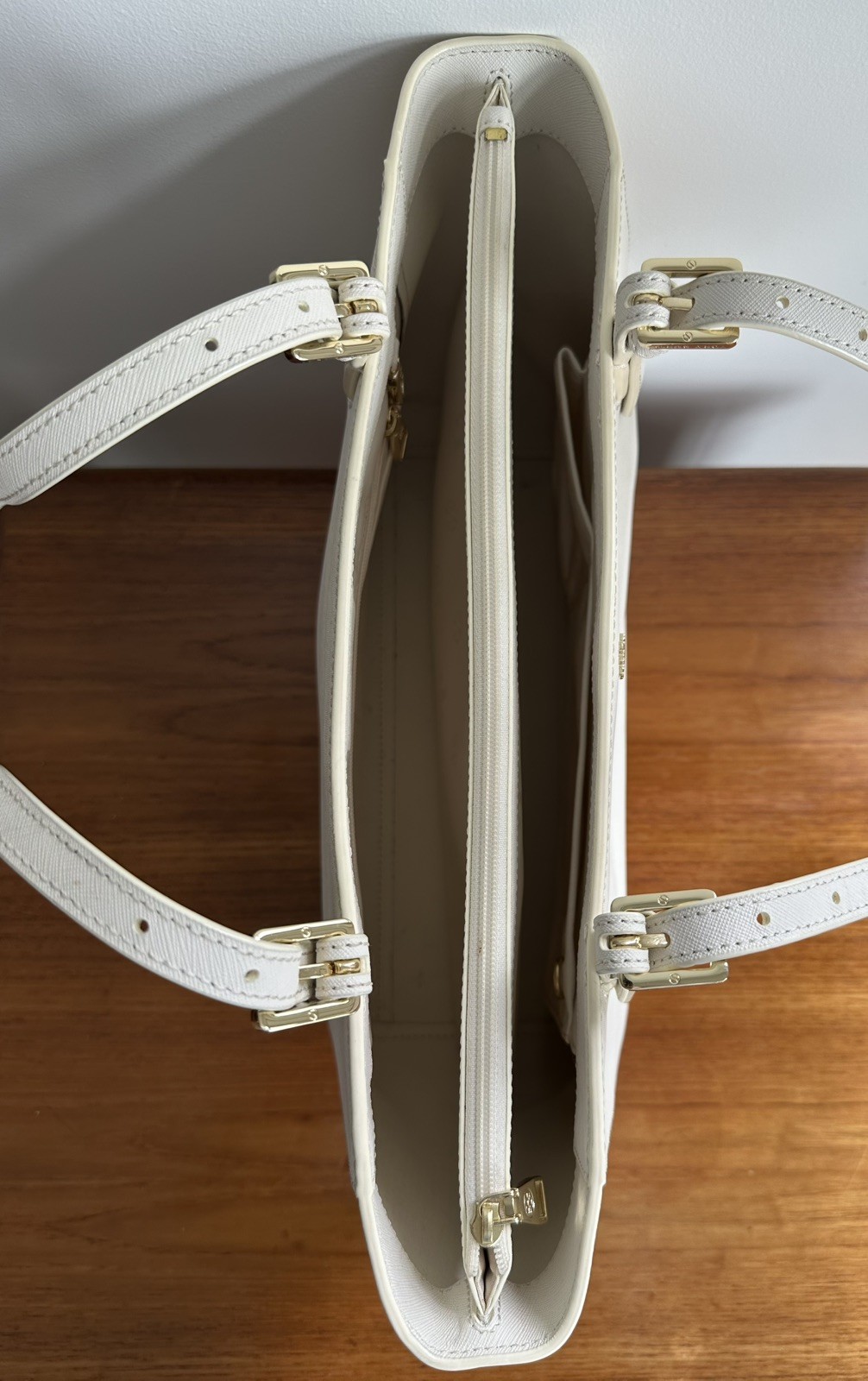 Tory Burch York Buckle Tote – Small, Cream. Saffiano Leather with Gold Hardware