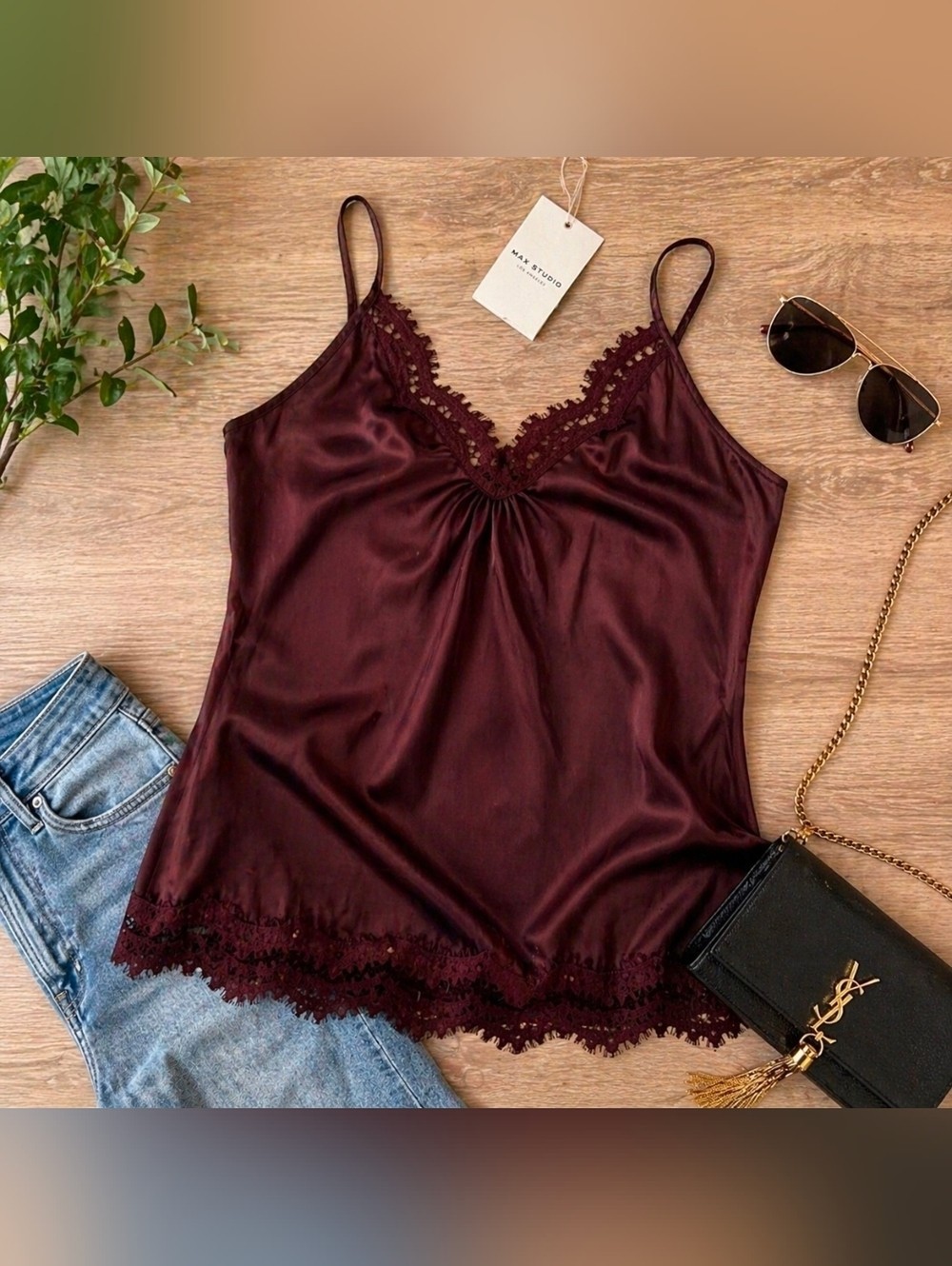 Max Studio Velvet Lace Cami Top Burgundy NWT Size S Sexy Date Night Camisole