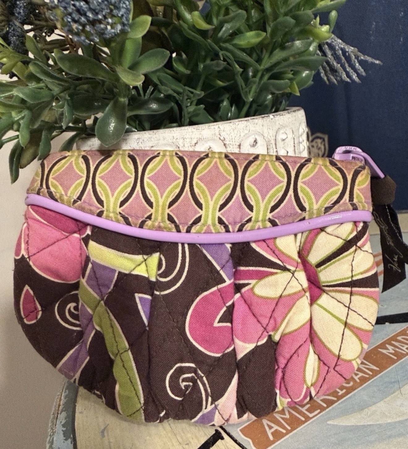 Vera Bradley Quilted Cotton Coin Purse Zip Pouch Blue Pink Floral Mini Wallet