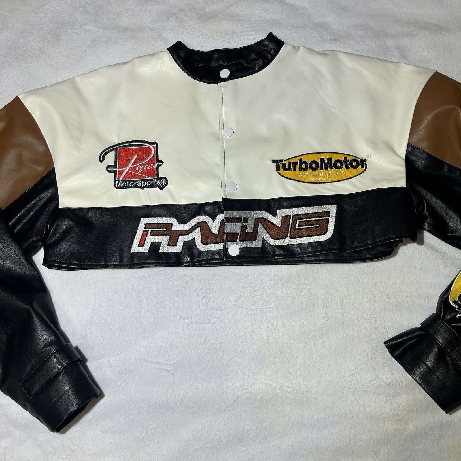 Fashion Nova Thrill Racing Cropped Jacket Faux Leather Size Small