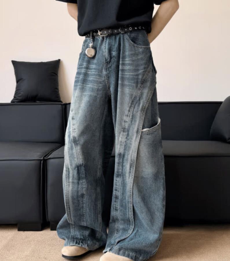 Men’s Retro Blue Denim Loose Fit Jeans Pockets Punk Hip Hop Trousers Casual New