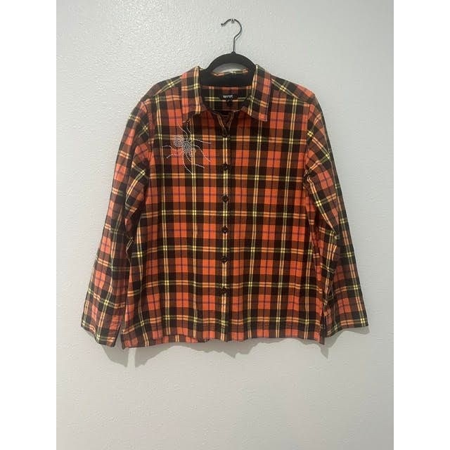 Krazy Kat Orange Plaid Rhinestone Spider Button Down Shirt XL Long Sleeve
