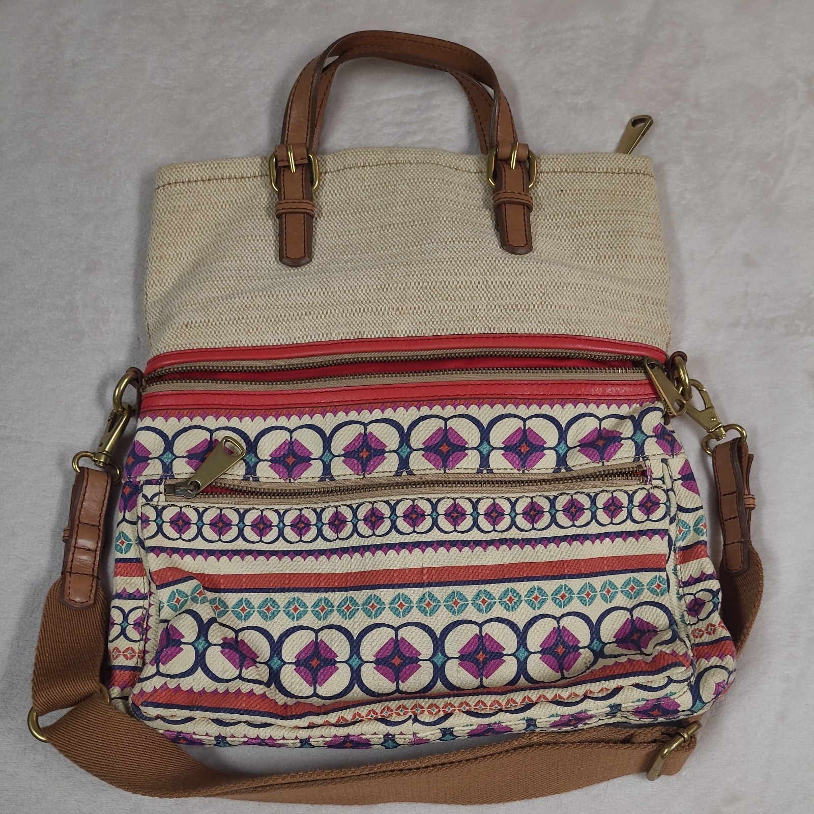 Fossil Long Live Vintage Explorer Crossbody Bag Fold-Over 2-way Canvas & Leather
