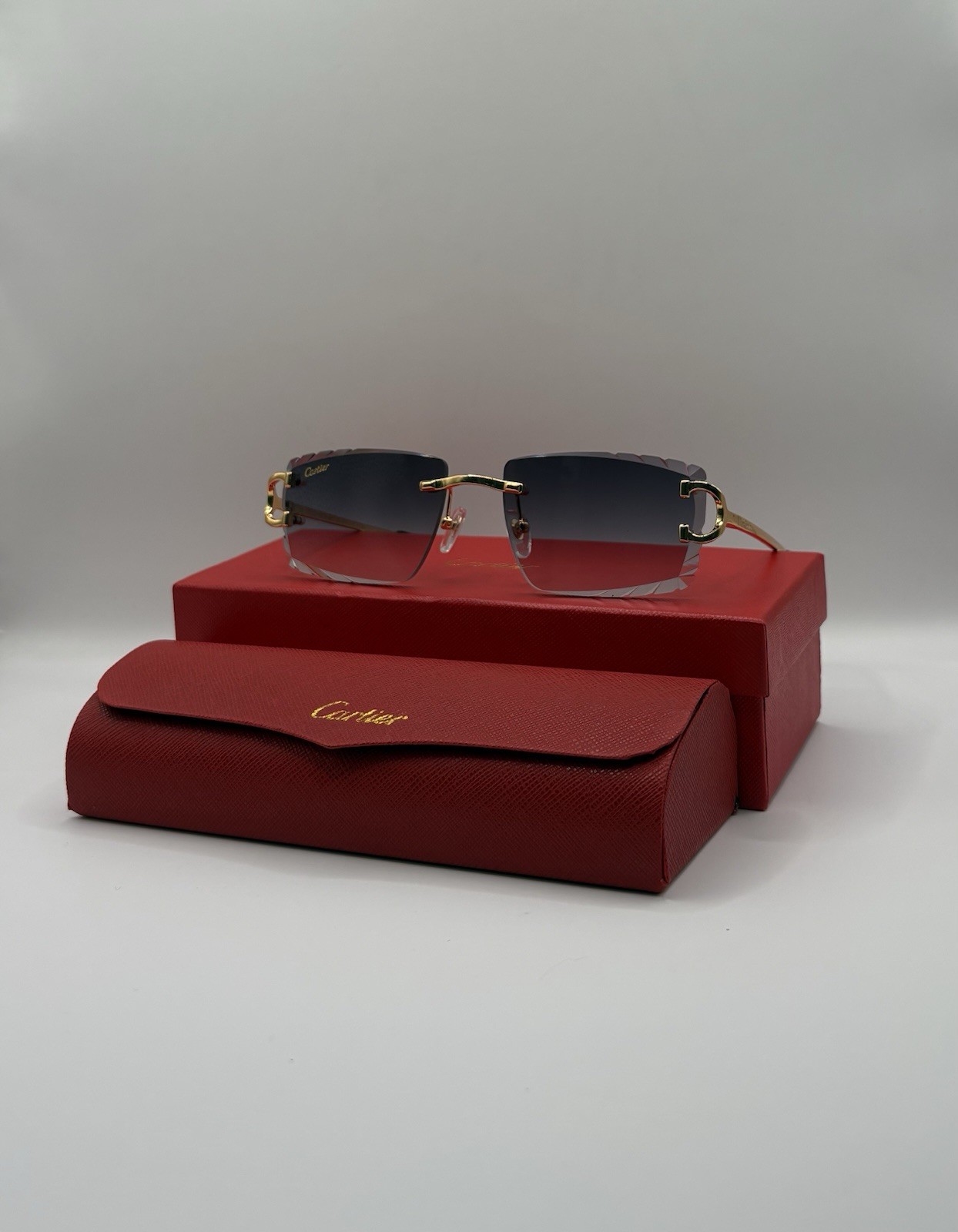 Cartier Big C Diamond Cut Frameless BLACK Lens Gold Frame