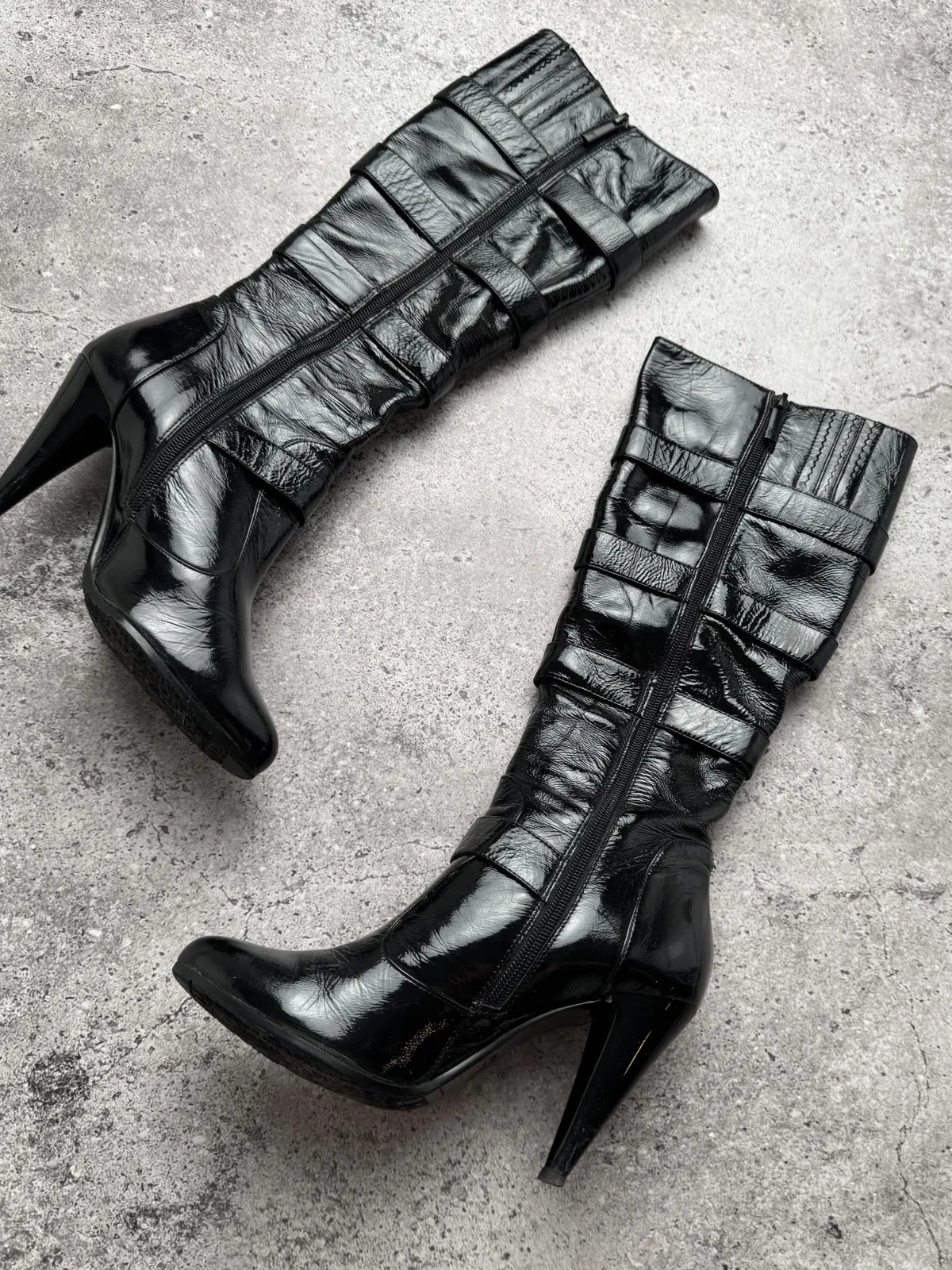 Vintage Black Patent Leather Knee High Boots Womens 36 Buckle High Heel Goth
