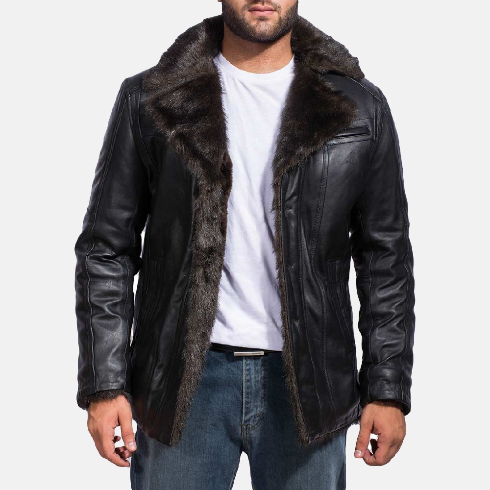 Men’s Black Sheepskin Leather Button-Up Fur Lined Designer Lapel Coat