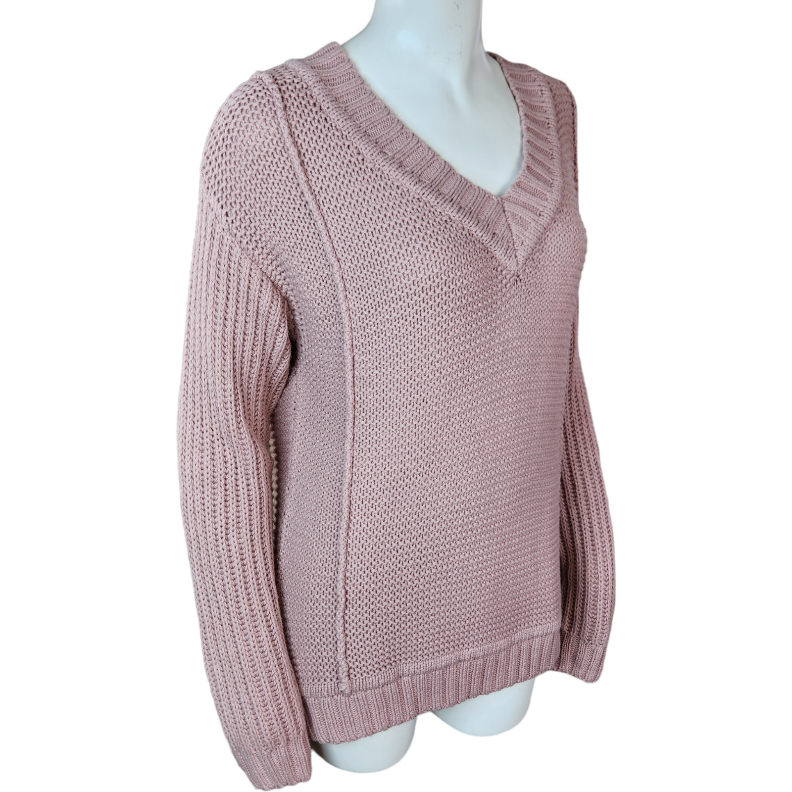 Encore by Idina Menzel Mixed Stitch V-Neck Sweater Dusty Pink X-Small Open Knit