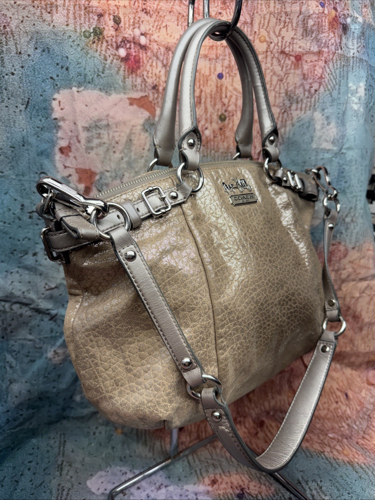 Coach 18931 Madison Sophia Gold Beige Embossed Metallic Leather Satchel Bag