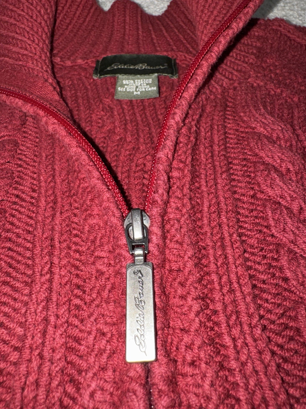 Vintage Eddie Bauer Red Chunky Cable Knit Zip Sweater Women’s Medium Classic
