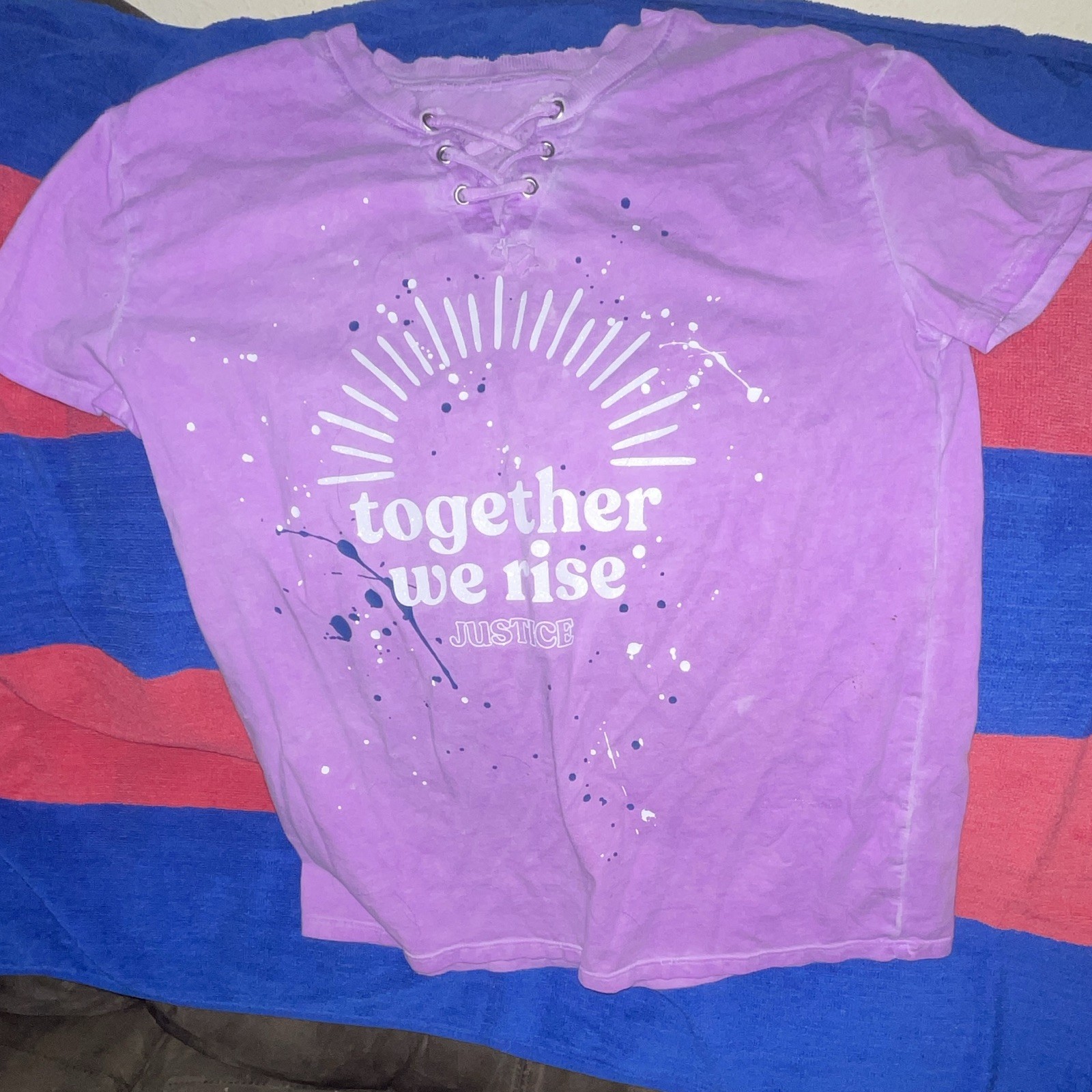 Justice Girls Purple Lace-Up Crew Neck Graphic T-Shirt Size 8
