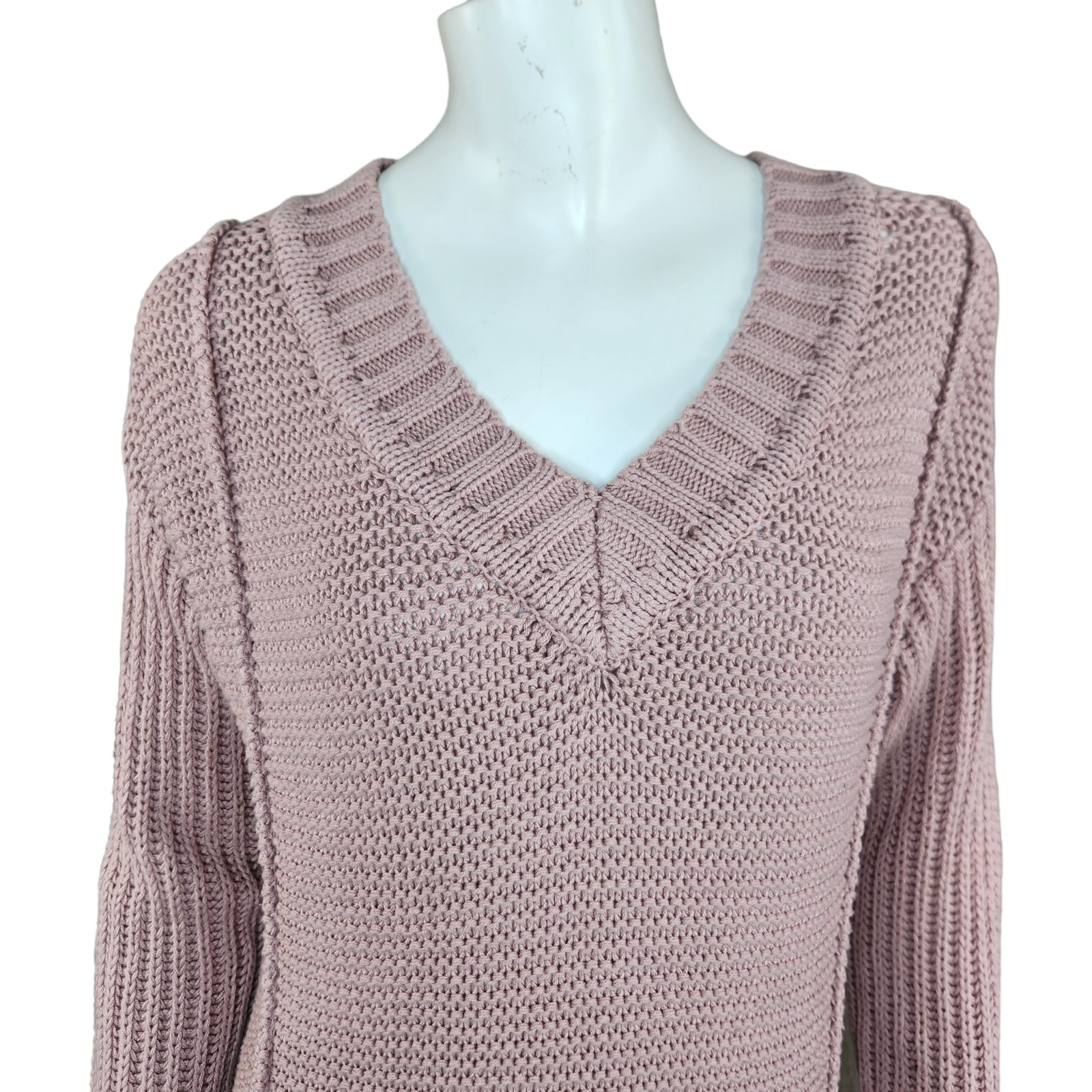 Encore by Idina Menzel Mixed Stitch V-Neck Sweater Dusty Pink X-Small Open Knit