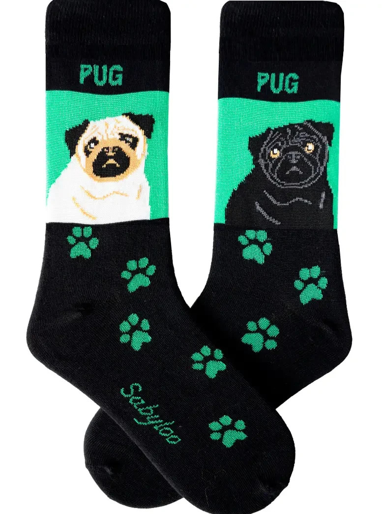 Pug Dog Women’s Crew Socks Size 9-11 Sabyloo Novelty Woof Paws Fashion New