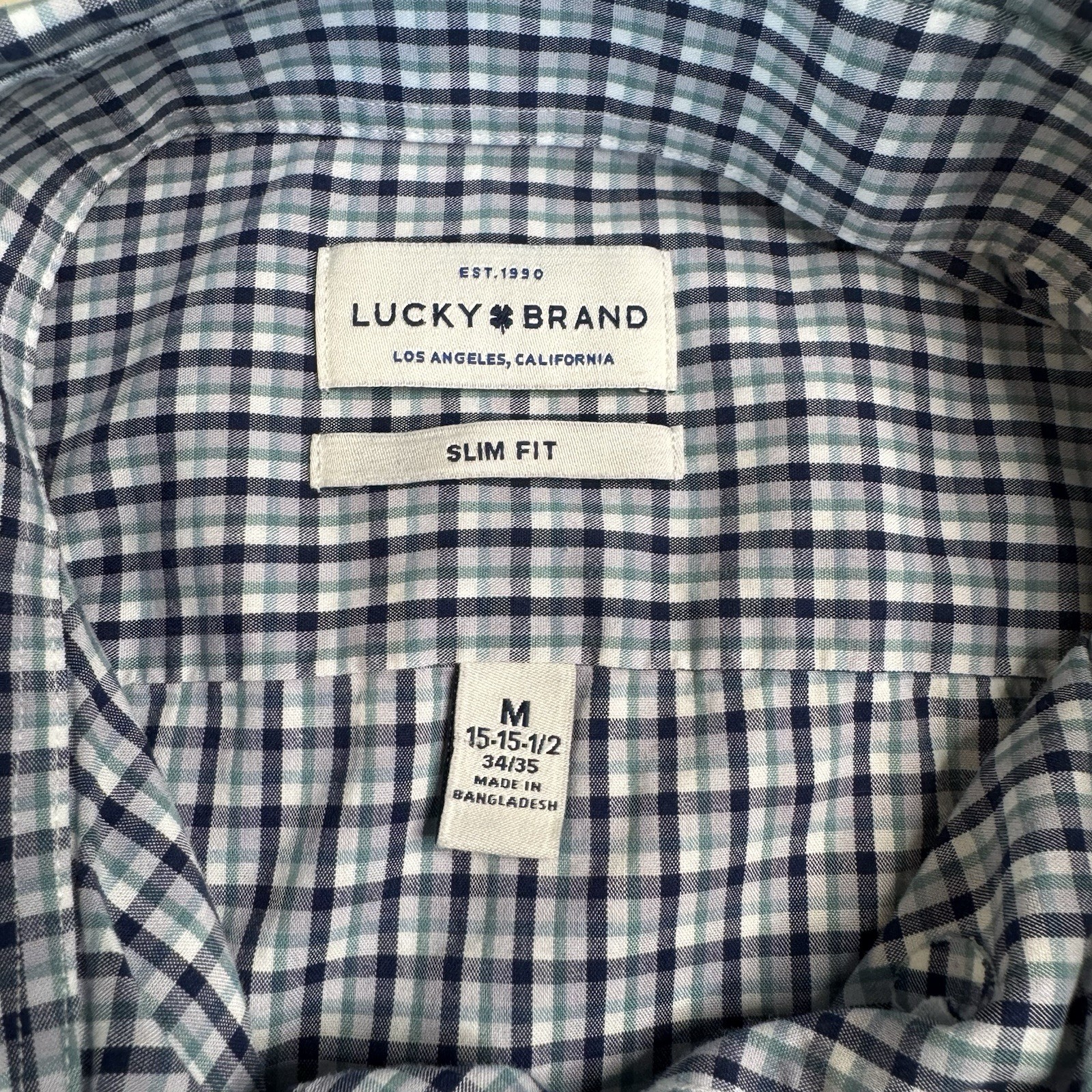 Lucky Brand Slim Fit Button-Down Dress Shirt M 15-15 1/2 34/35 Blue/Green Check