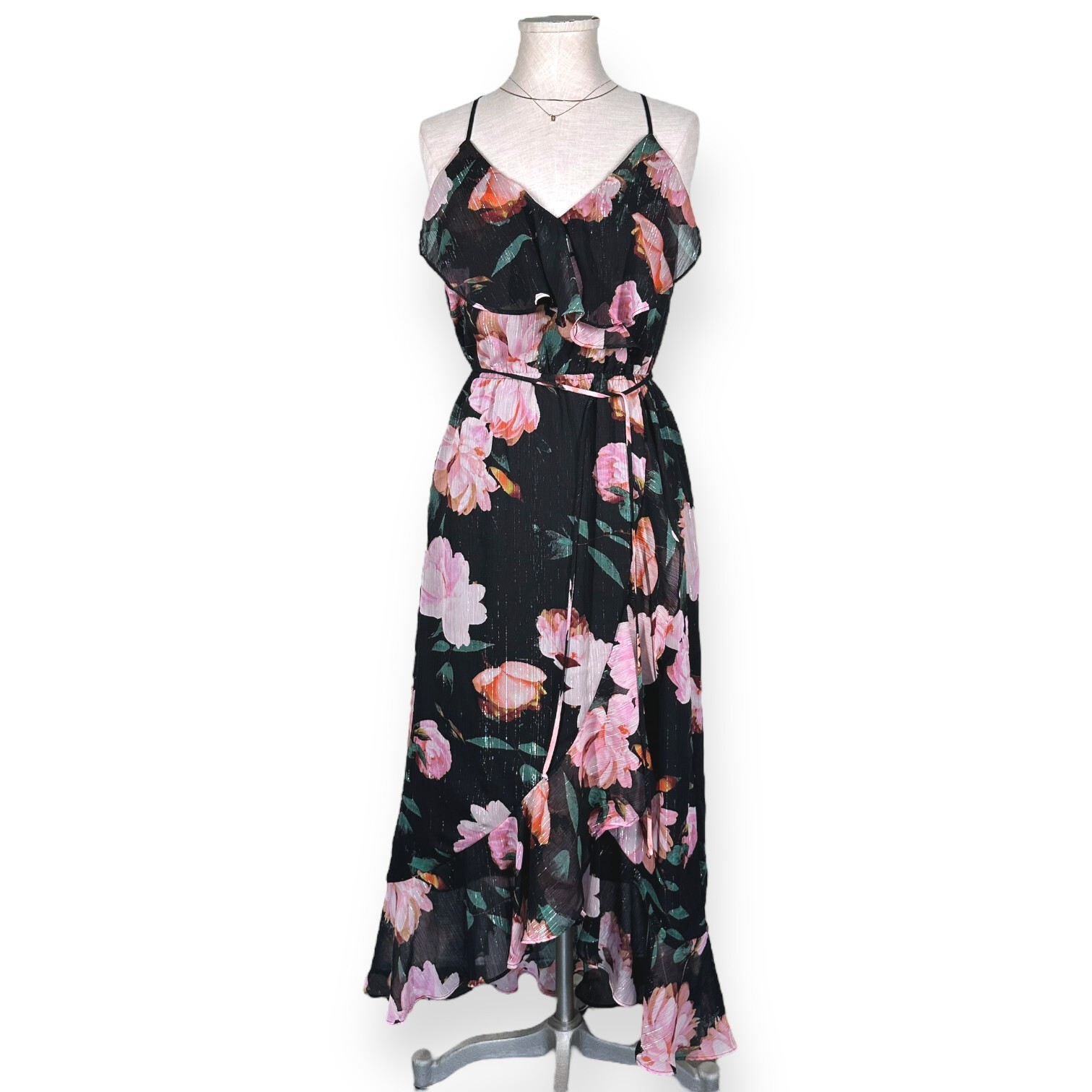 JENNIFER LOPEZ Faux Wrap Shimmer Floral Midi Dress Ruffle Tier Cascade Flirty 2
