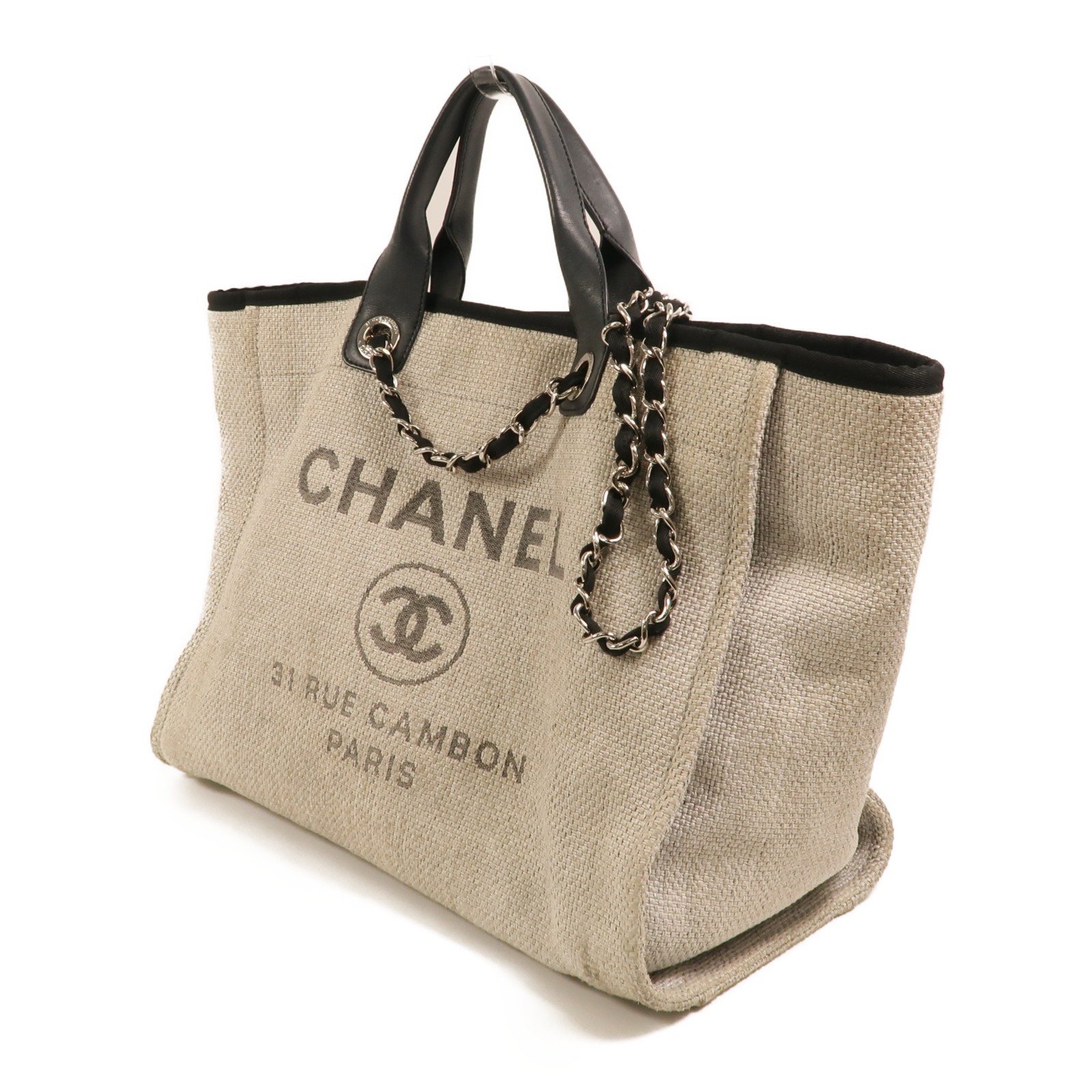 CHANEL CC SHW Deauville Tote 2 Way Chain Shoulder Bag Canvas White