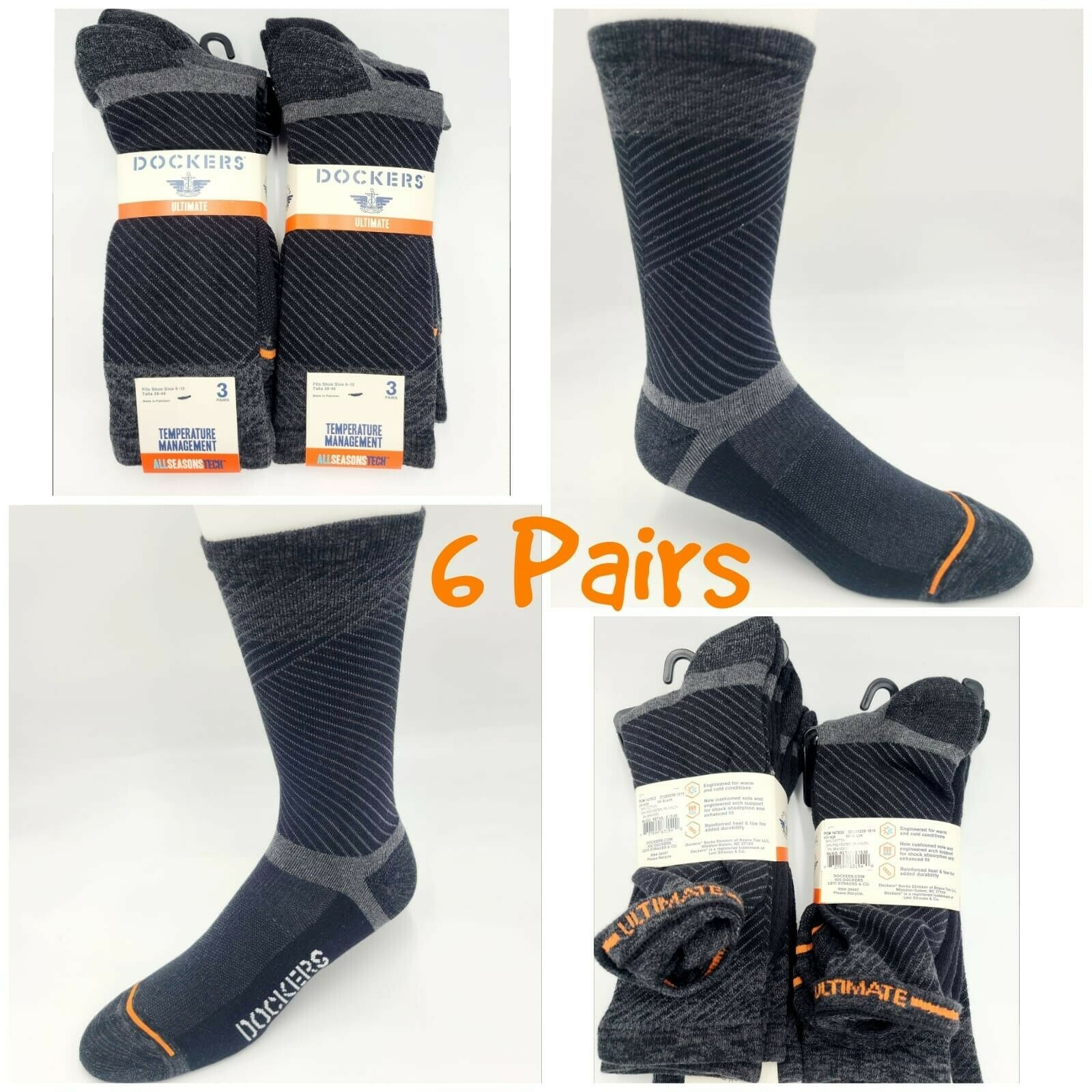 DOCKERS Ultimate Mens 6 Pairs Temperature Management Black Crew Socks Size 6-12