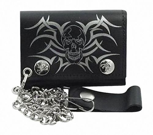 Pirate Skull Skeleton Tribal Black Genuine Leather Wallet With Chain (4 inch)