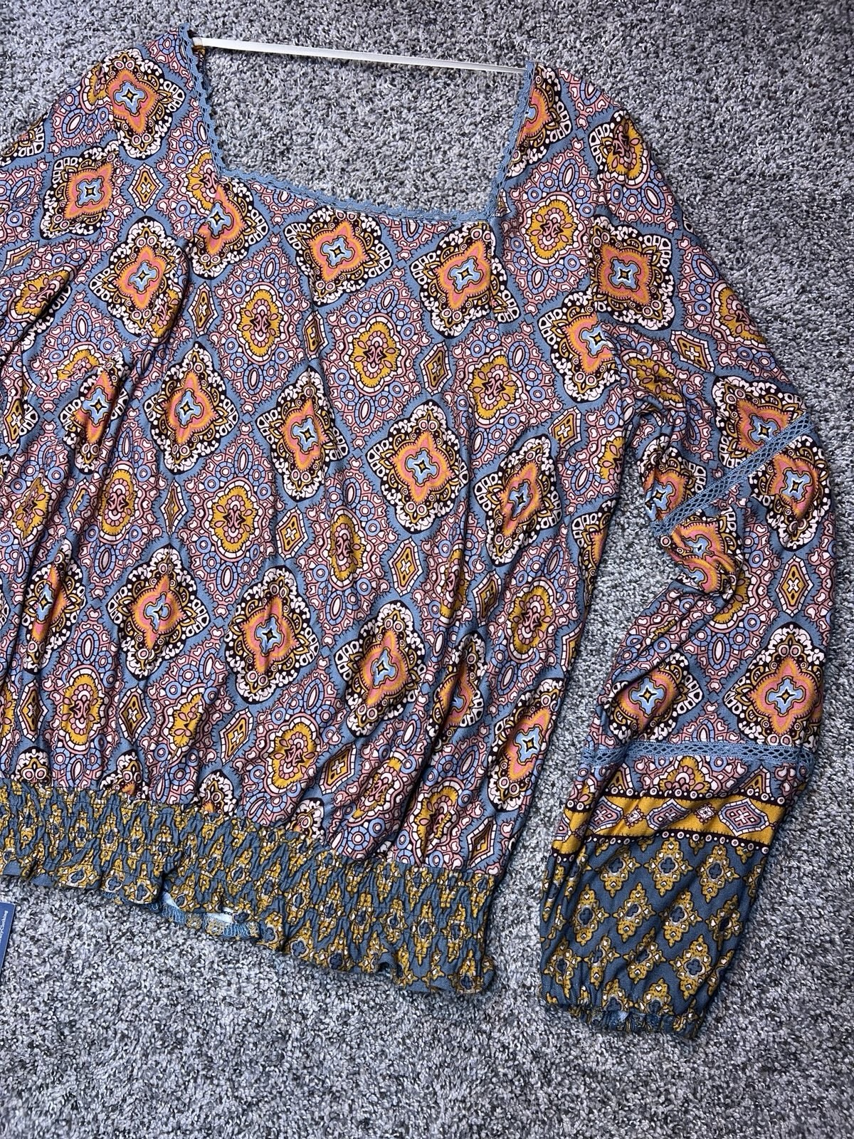 NWT Democracy SMALL Geometric Square Neck Blouson Sleeve Smocked Top Shirt