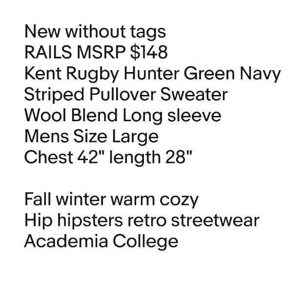 Rails Kent Rugby Sweater Men Large Hunter Striped Wool Blend Preppy Hipster New
