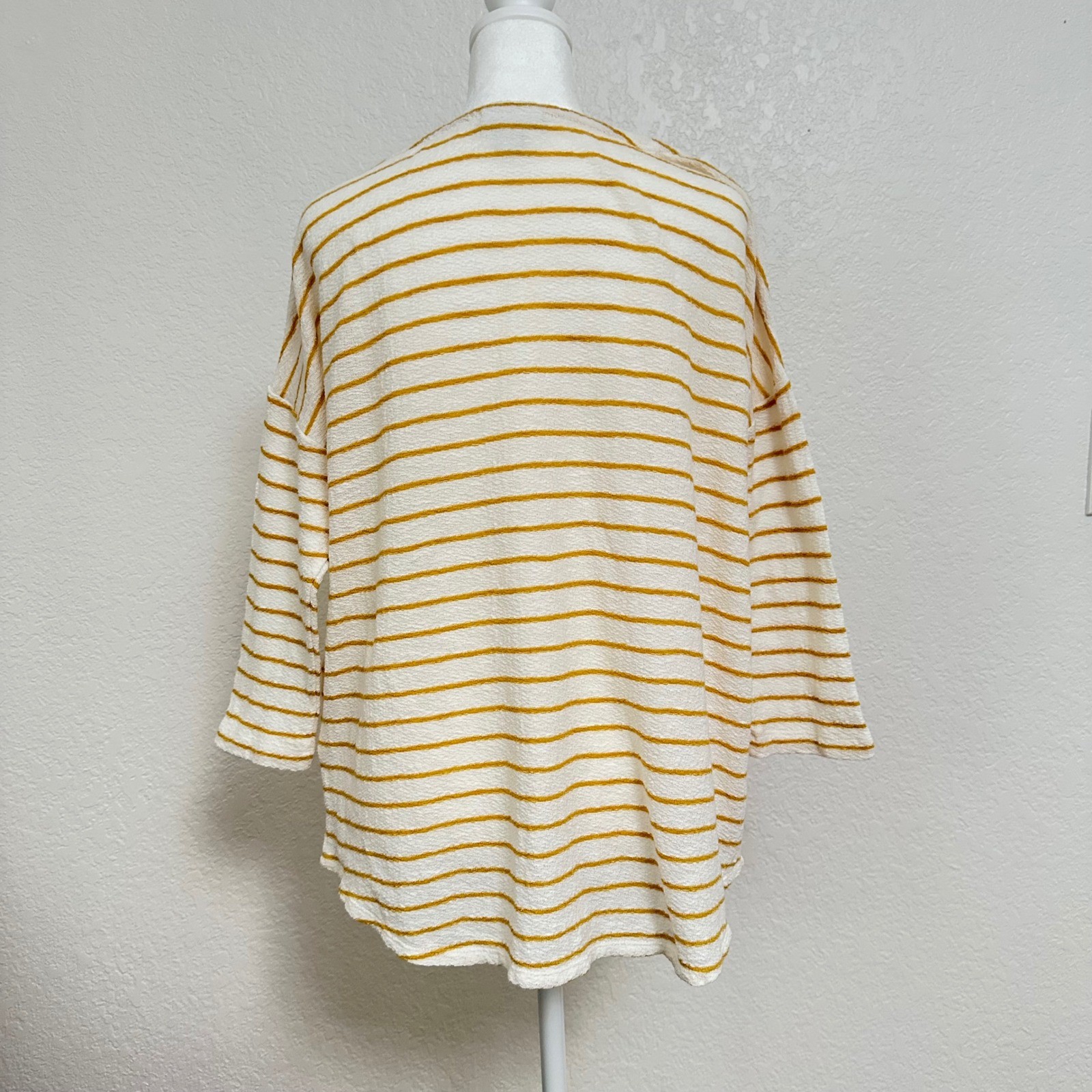 J. Jill Striped Top Womens Small White Yellow 3/4 Sleeve Cotton Knit Boat Neck
