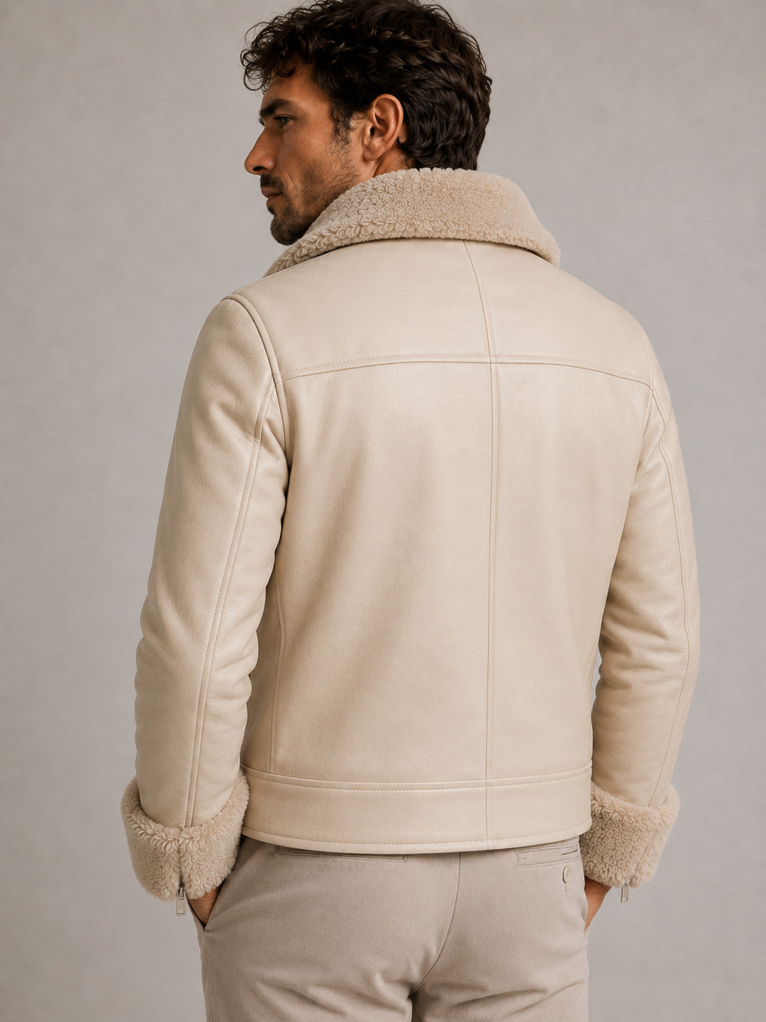 Mens Cream Leather Jacket – Shearling Collar – Biker Moto Slim Fit – Winter Coat