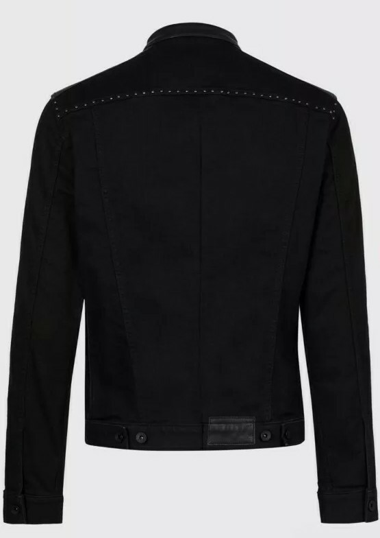 NEW JOHN VARVATOS BLACK DENIM LAYNE TRUCKER JACKET WITH LEATHER ACCENTS – SMALL
