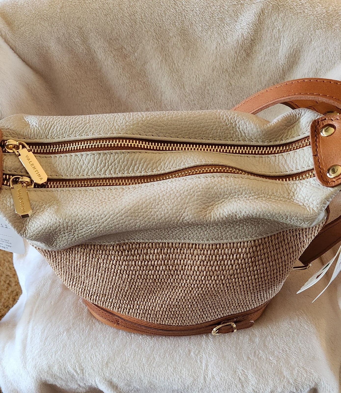 Valentina Italian Raffia & Leather Bucket Bag Latte & Cognac Trim NWT