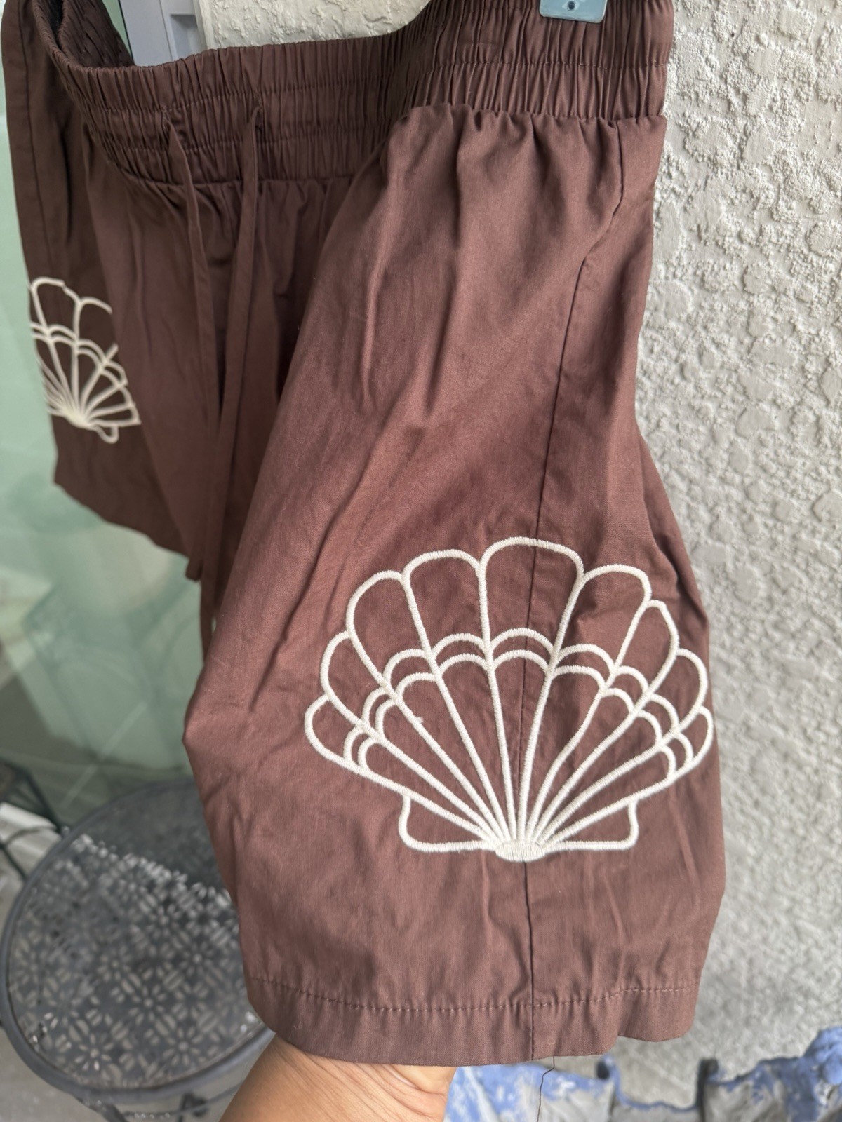 Paper Heart Brown Embroidered Button-Up Shirt & Shorts Set L Elastic Waist