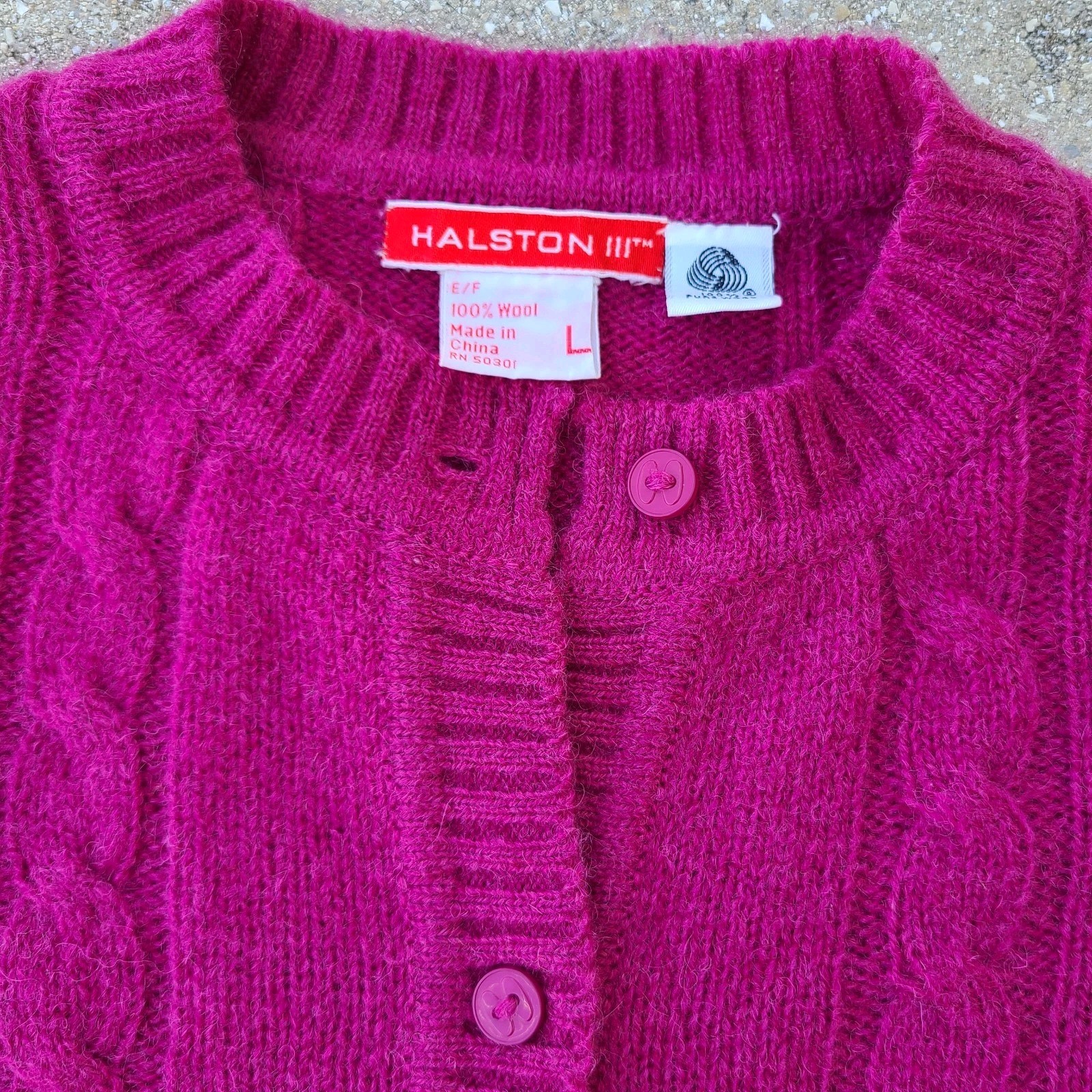Halston III 100% wool Cardigan Sweater Women’s L Raspberry Red Vintage 1990’s