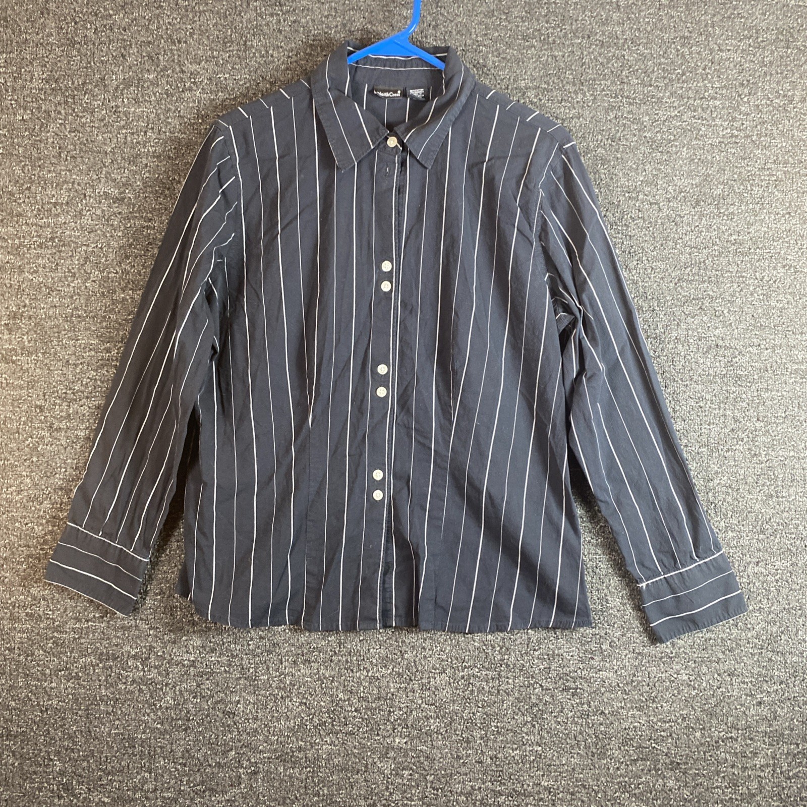 North Crest Blue W White Striped Full Zip Top Shirt 3/4 Sleeves Sz L