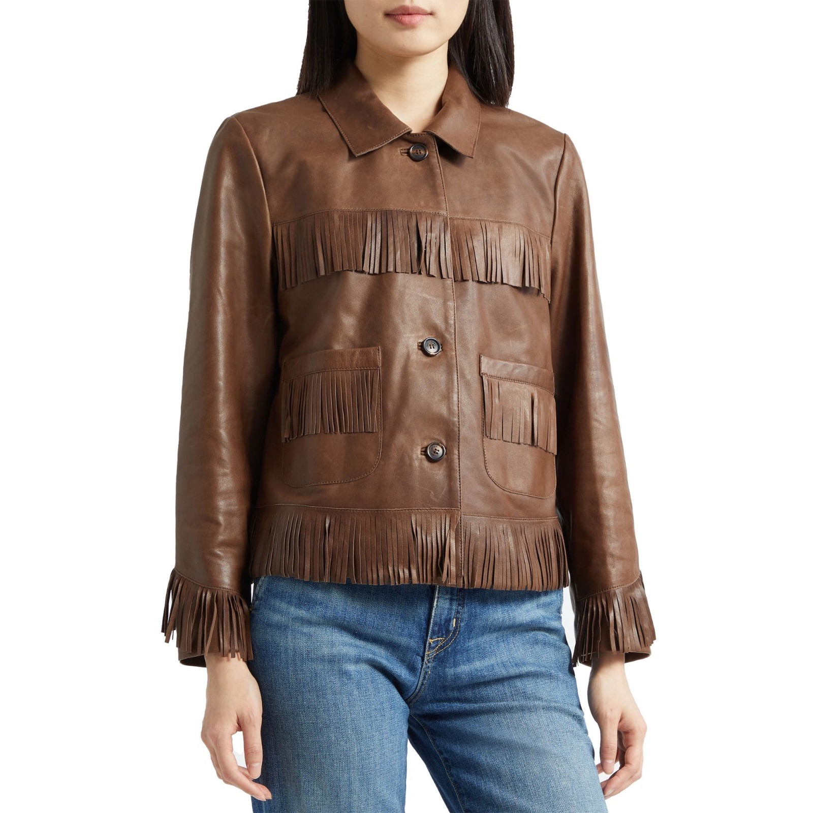 Leather Jacket For Women Brown Fringe Western Cowgirl Button Up Coat Wife Gift