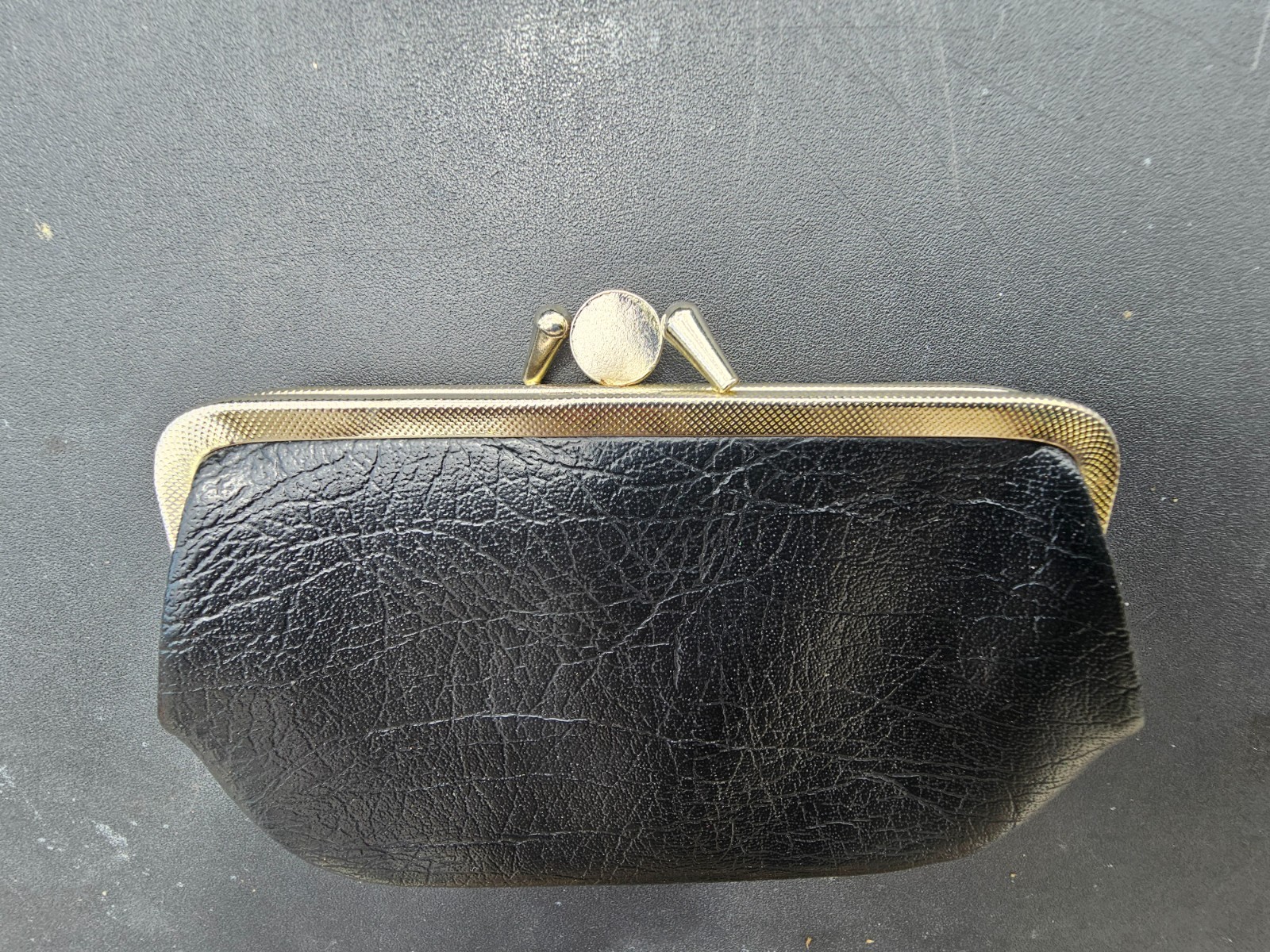 Vintage Black Leather Double Kiss Lock Coin Purse Change Purse w/ Zipper Pocket