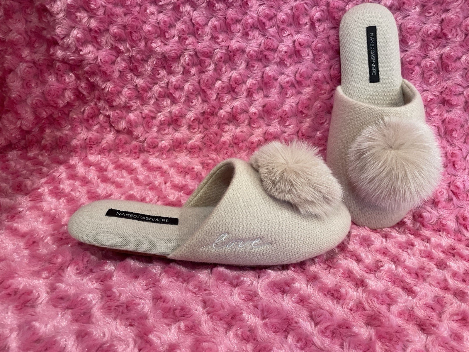 New! Naked Cashmere Love Slippers 100% Cashmere w/Fox Fur Sz L/XL 9-10 🥰