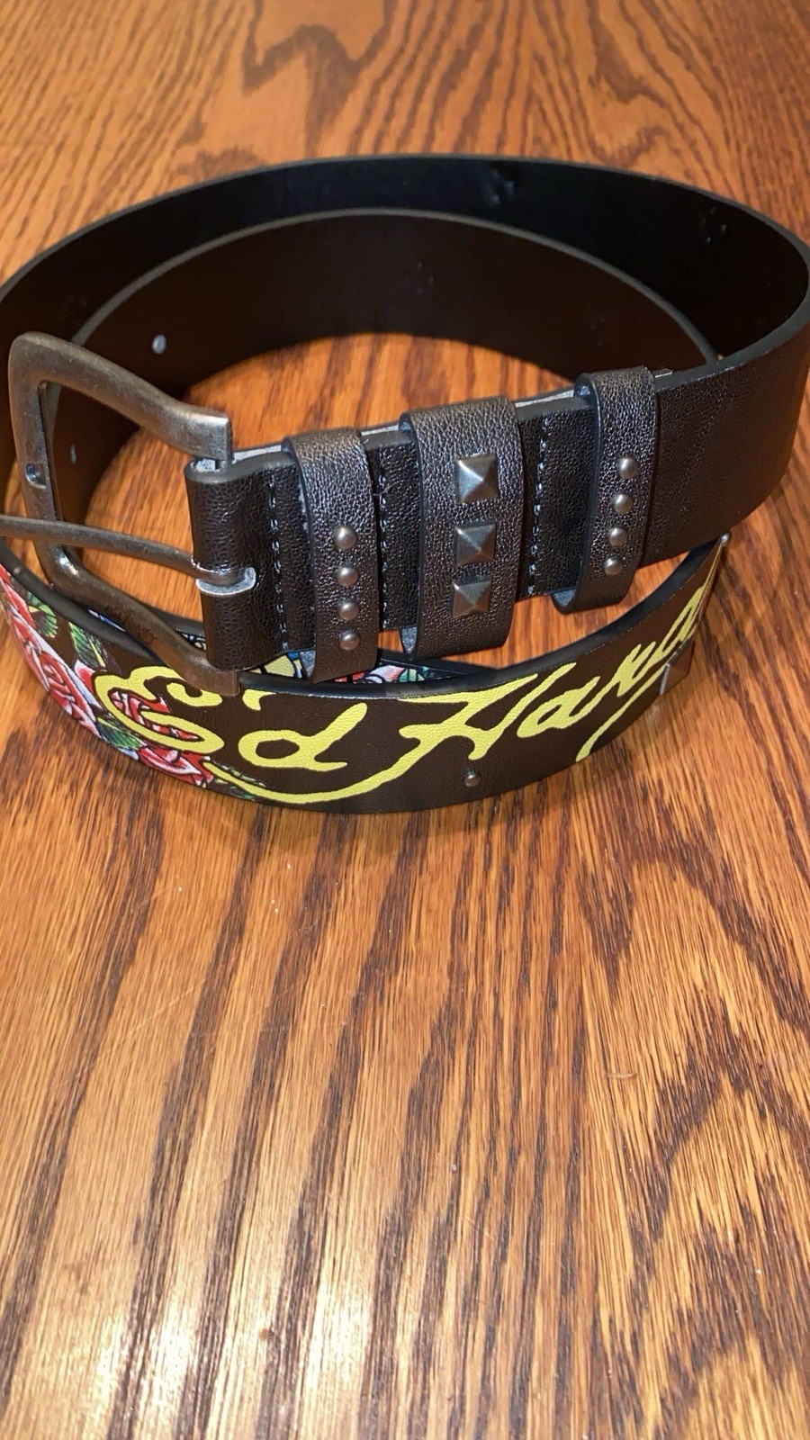 Ed Hardy Men’s Black Studded Skull Graphic Print Belt w/ Buckle Size 40