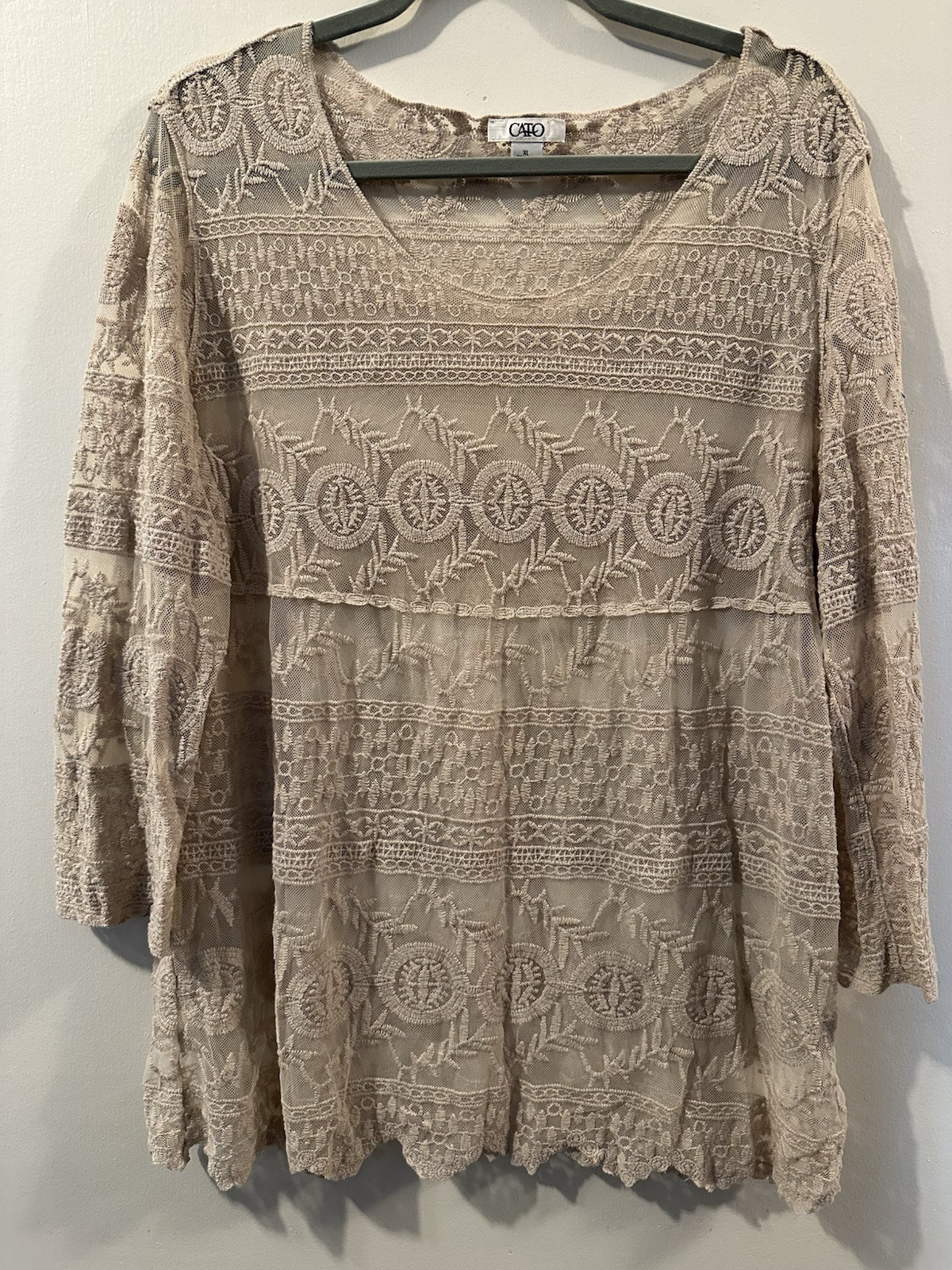 Woman Lace Top Semi Sheer Taupe Round Neck Size XL
