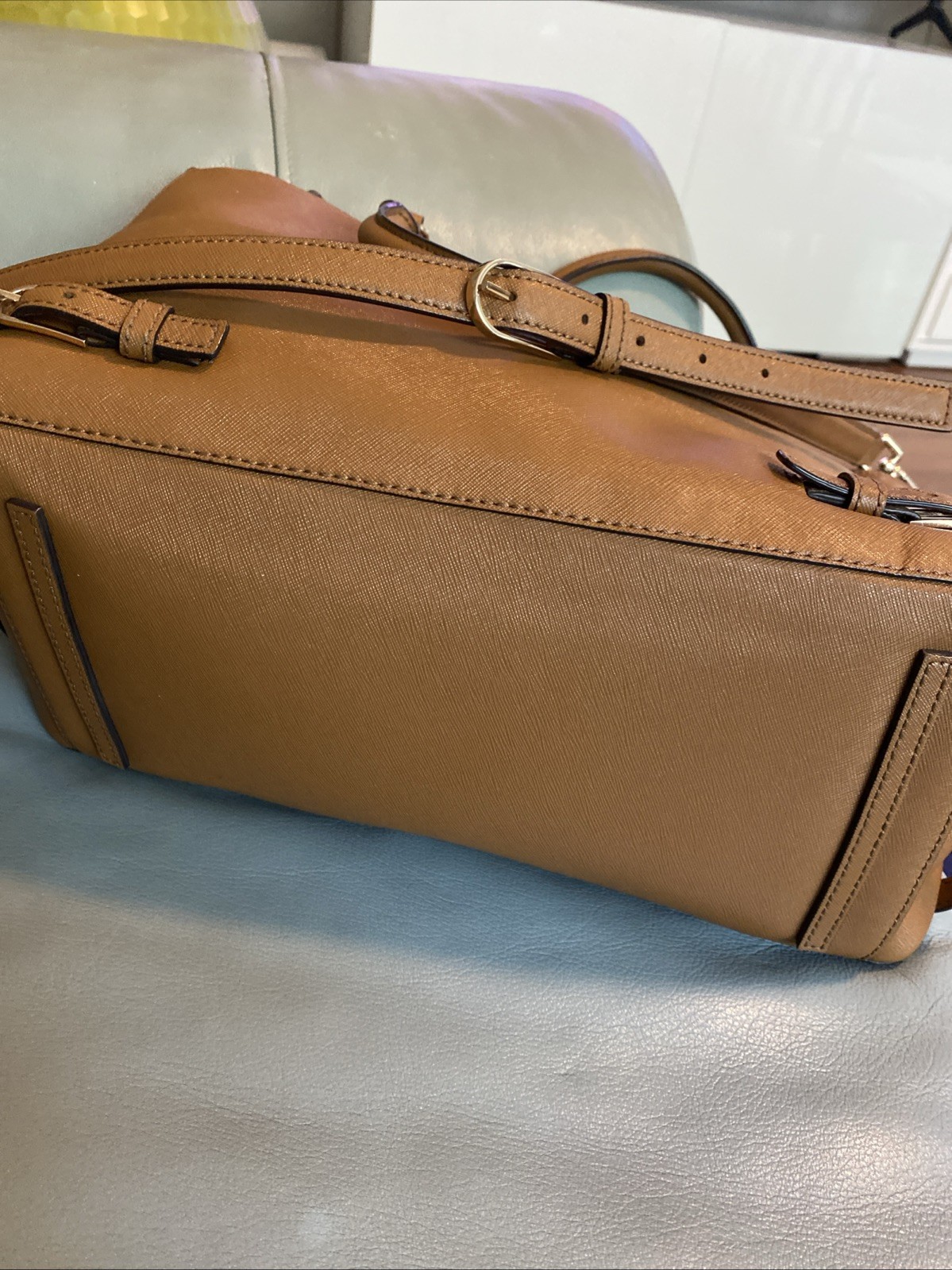 Tory Burch Robinson Tigers Eye Tan/Brown Saffiano Leather Handbag Satchel Nice
