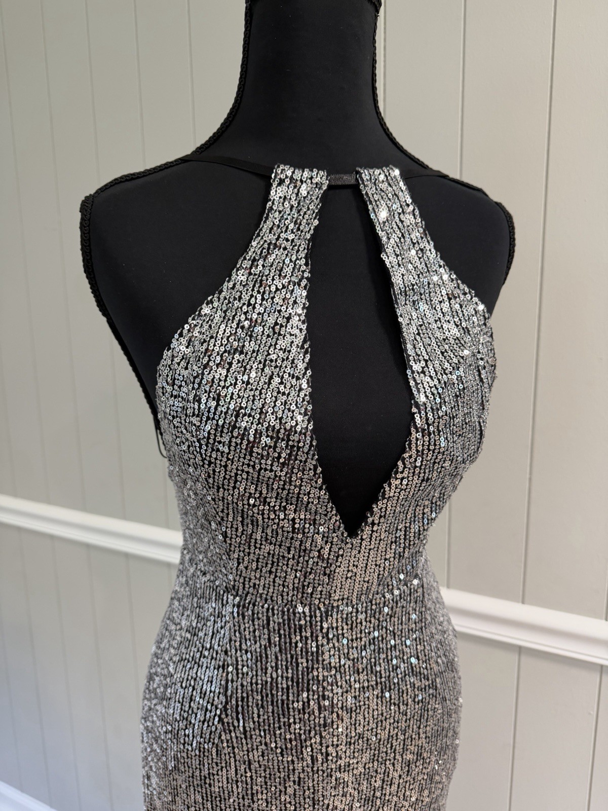 AKIRA Silver Sequin Halter Jumpsuit XS New With Tags Straight Leg Party Clubwear