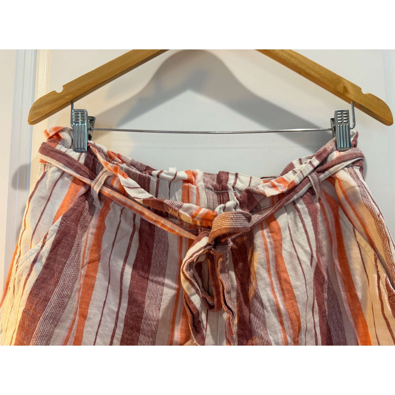 ana A New Approach Striped Linen Blend Paperbag Shorts Orange Burgundy Large