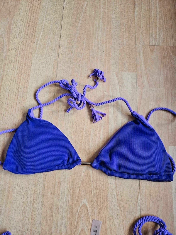 Shein Ribbed Fabric Handwoven Tassel Halter Neck Purple Bikini Set