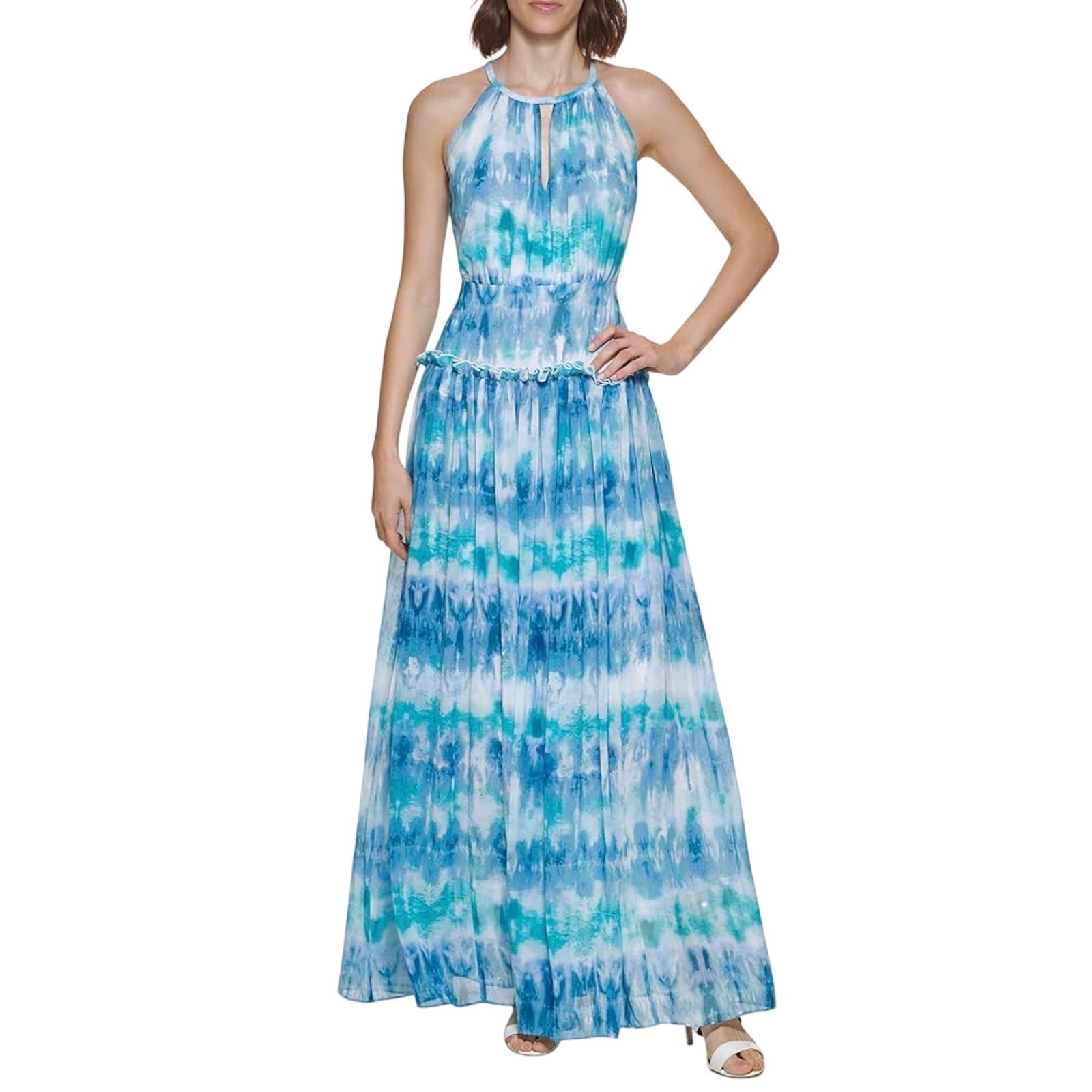 Calvin Klein Blue and White Maxi Dress Beaded Halter Neck A-Line Gown Size 6