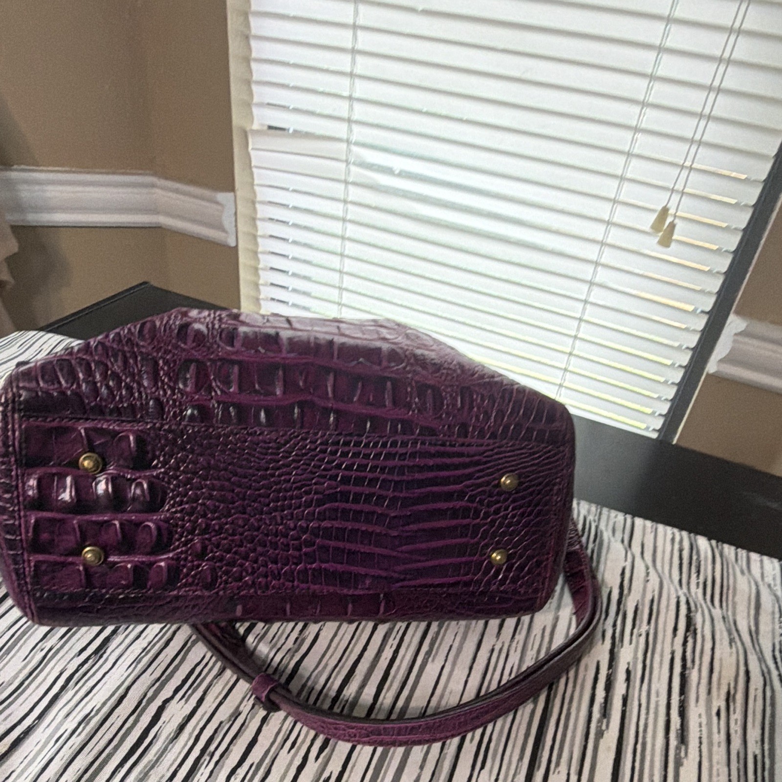 Brahmin Purple Animal Embossed Satchel Top Handle Zip Detachable Strap Gold