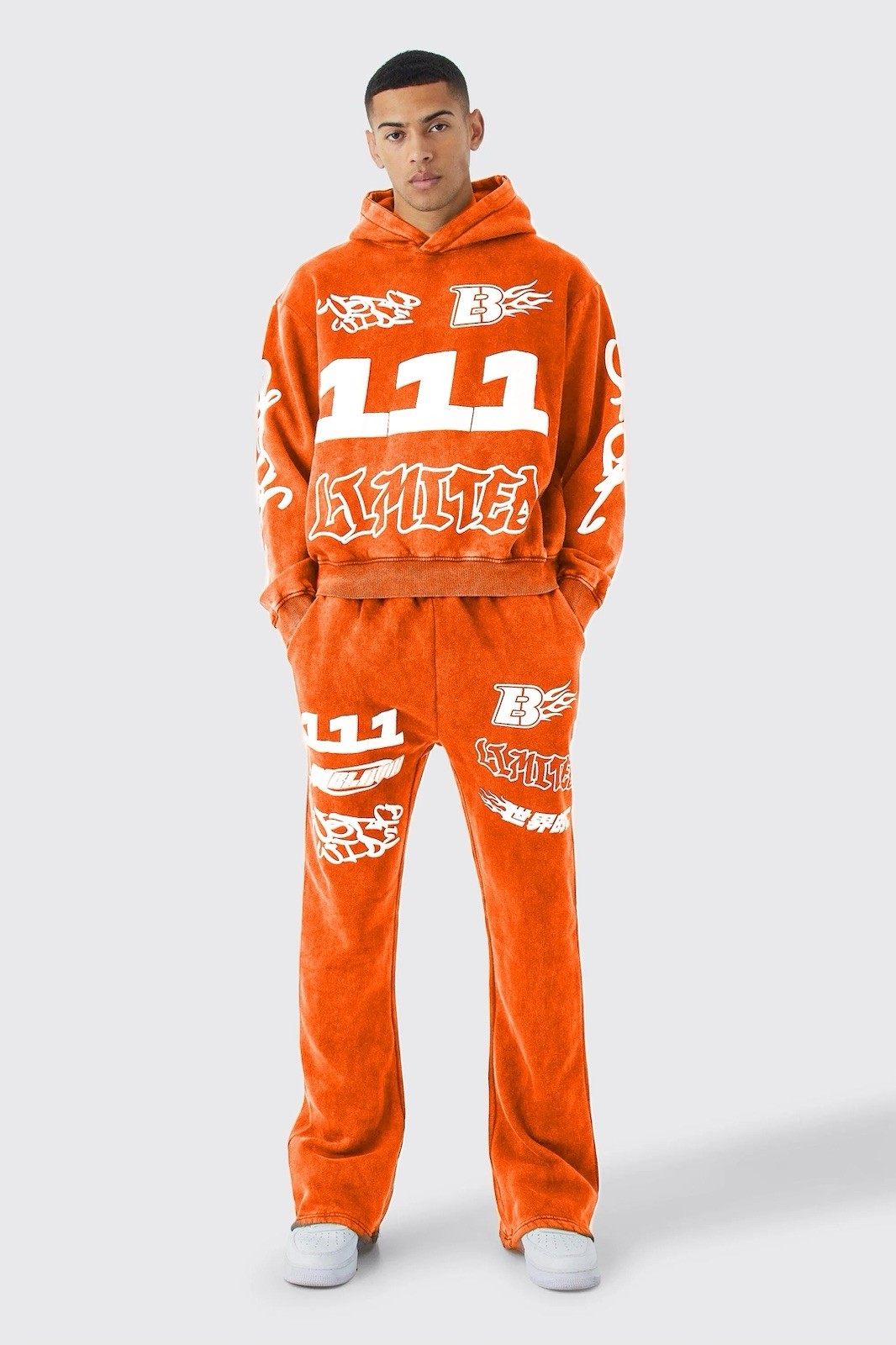 BoohooMAN Men’s Sized Boxy Print Wash Hooded Track Suit Hip-Hop Streetwear SZ L