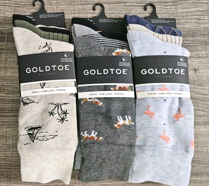 Lot of 3 GOLDTOE Men’s 3 Pair Assorted Crew Dress Socks Size 6-12.5 NWT Dog Boat