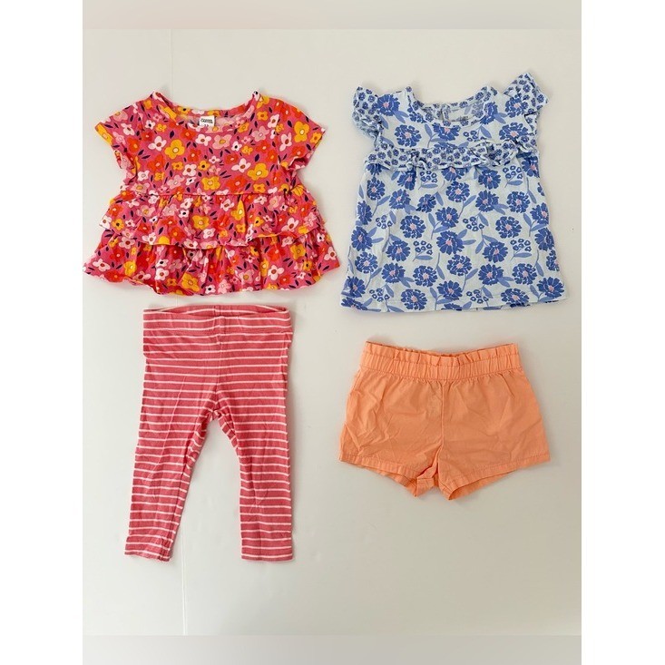 Baby Girls Floral & Stripe 4-Piece Matching Set – Pink, Blue, Orange Size 12M