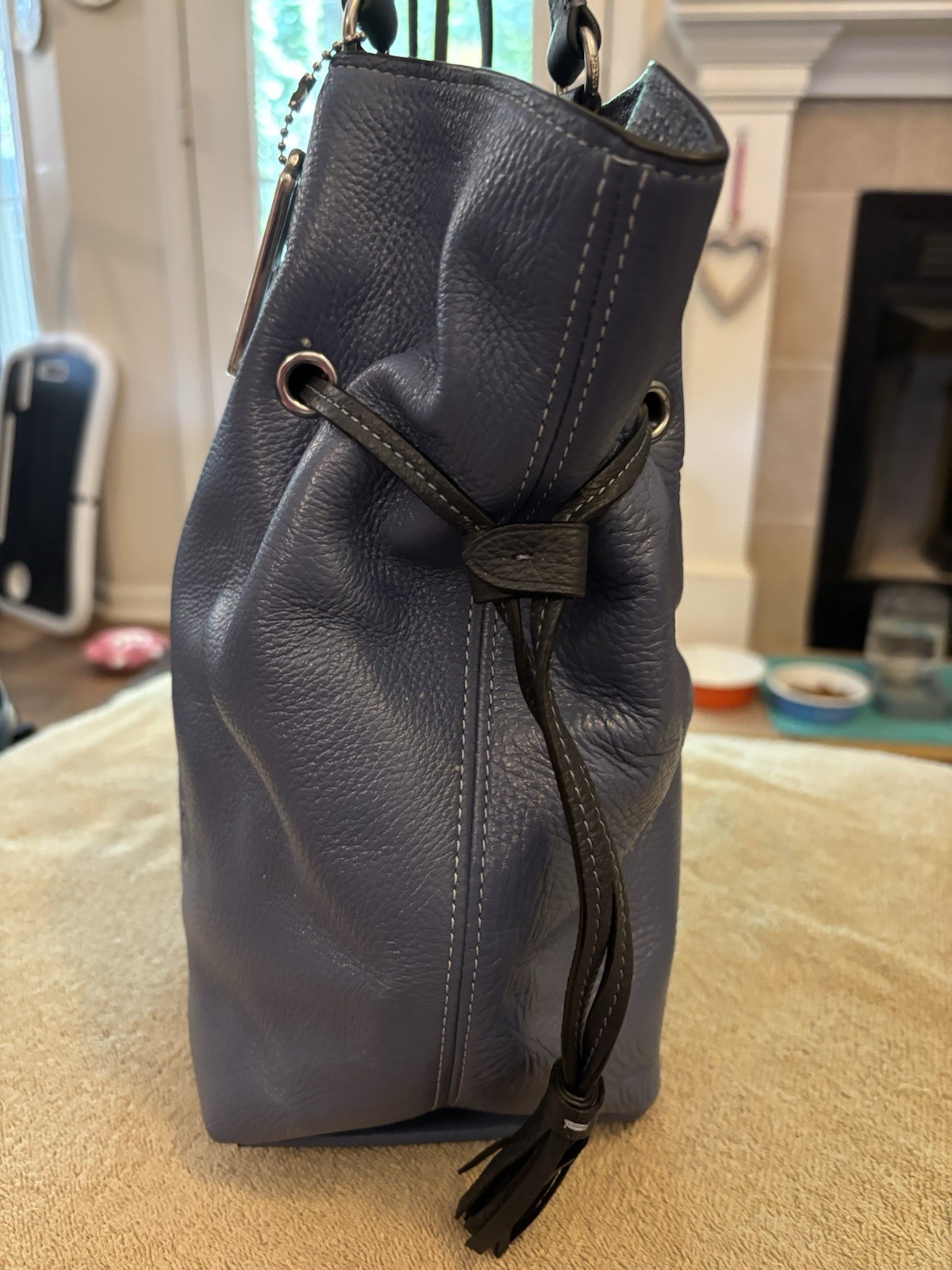 Coach Andy CA165 Blue Pebble Leather Horse & Carriage Drawstring Tote Bag NWT