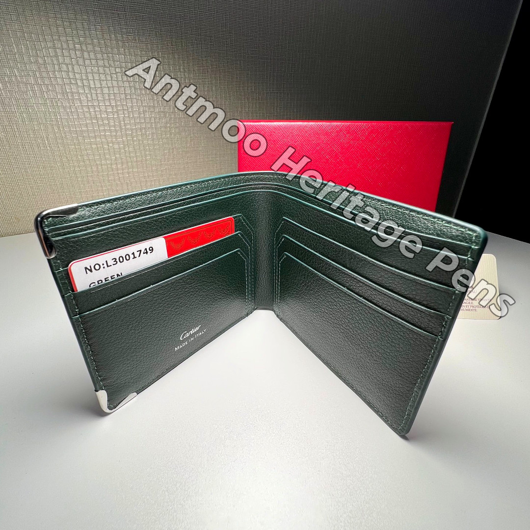 CARTIER Black Leather Bifold Wallet Silver-Tone Corner Accent Men Luxury Wallet