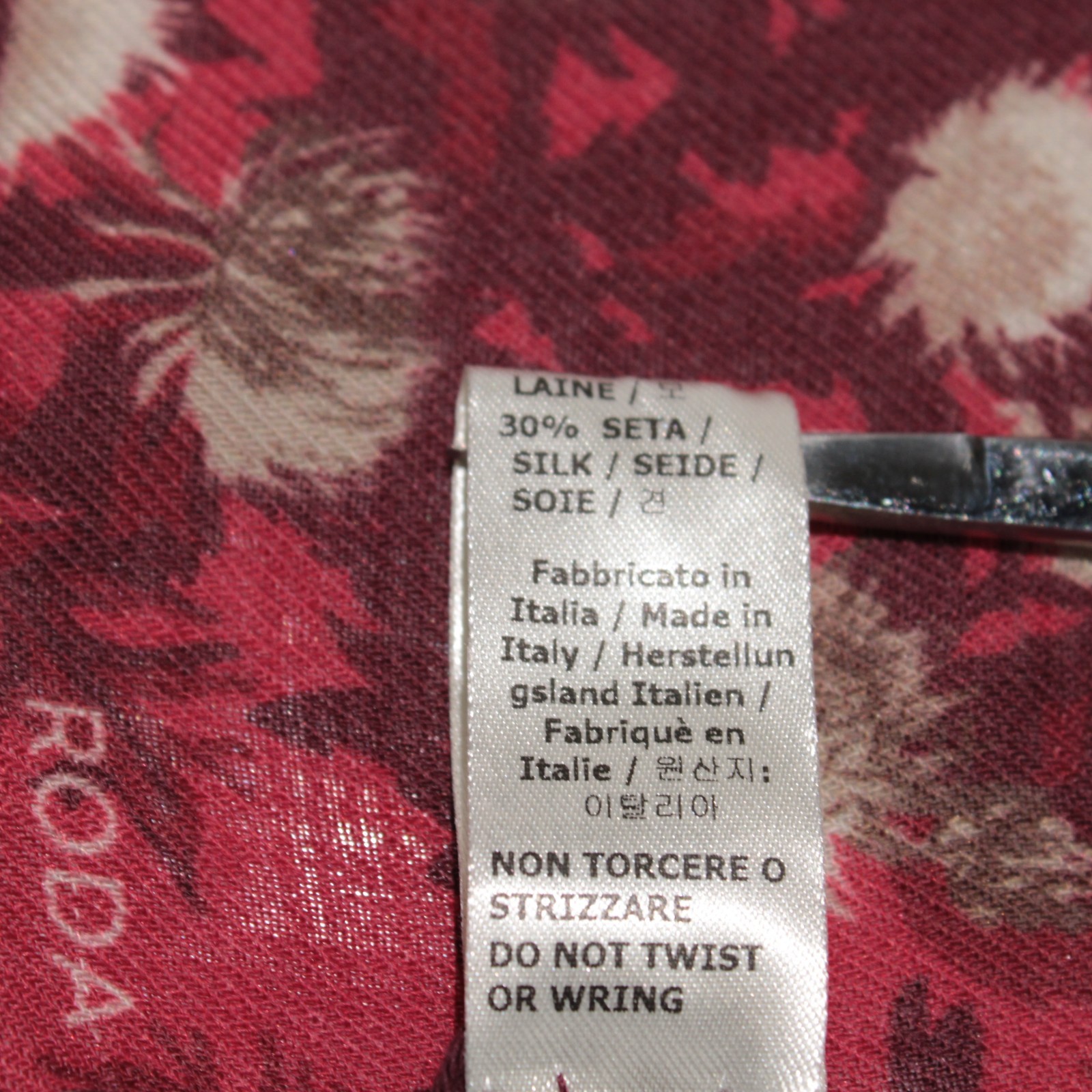 Roda NWT Wool / Silk Blend Pocket Square In Red / Cream / Brown Floral Print