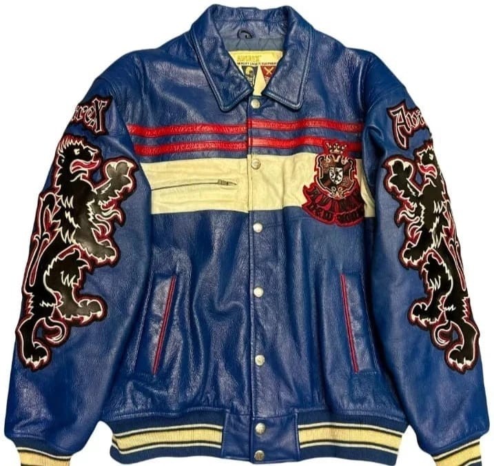 Avirex Leather Jacket Vintage Blue Lion Spell Out Varsity Bomber New York Men’s
