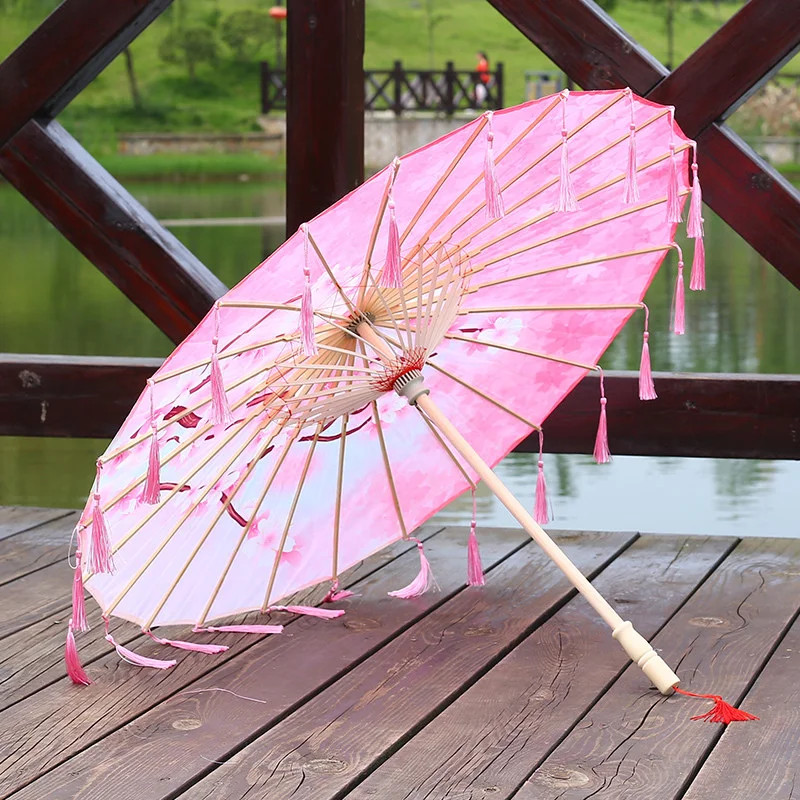 Cloth Parasol Umbrella 82cm Long Handle Silk Tassel Hanfu Cosplay Photo Prop